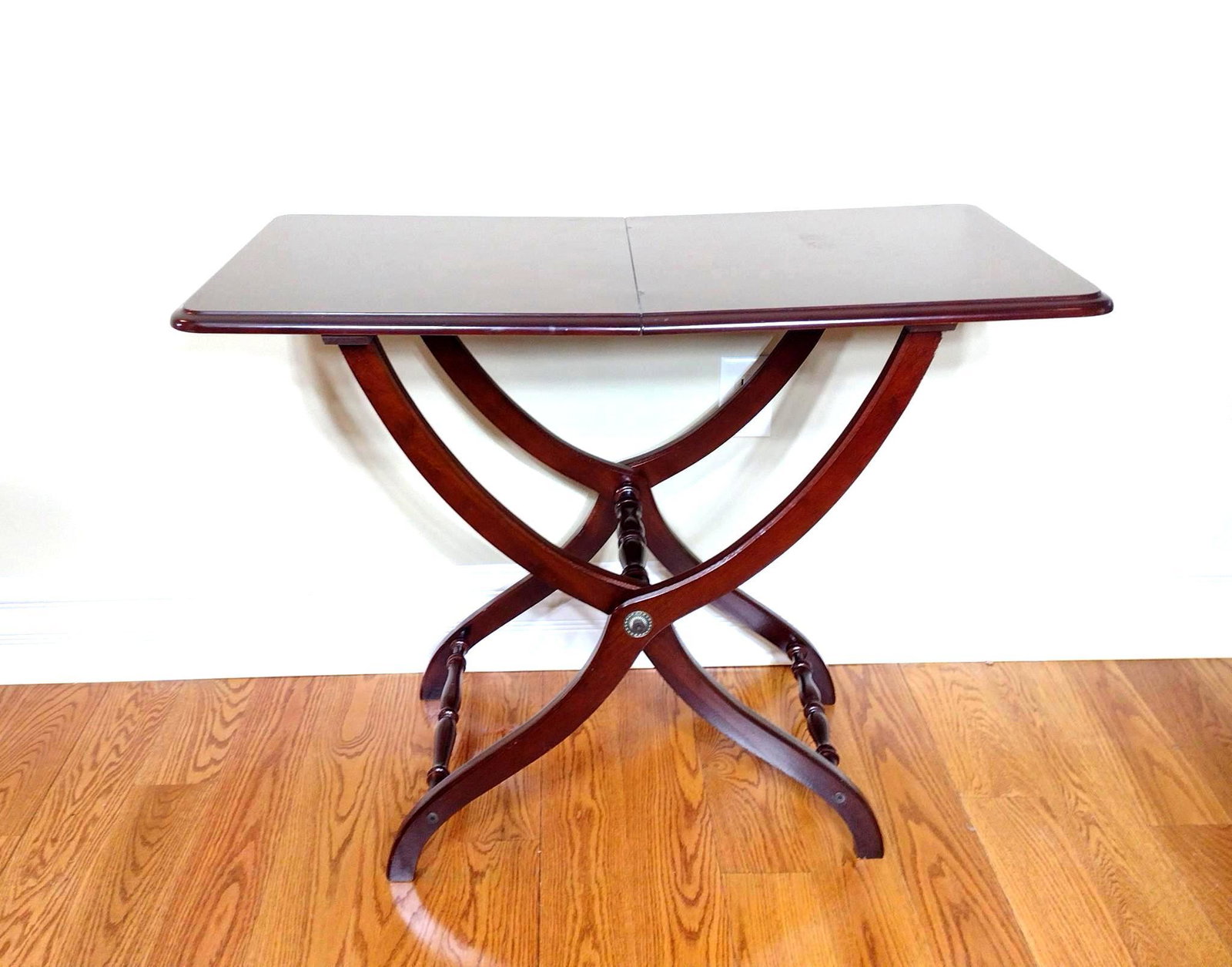 Folding Table: 36-1/2" wide X 19-1/2" deep X 28" high. Has a few scratches. Top has some small areas of veneer loss. MG. IMPORTANT: Before bidding, please read the terms and conditions. When you registered for the a