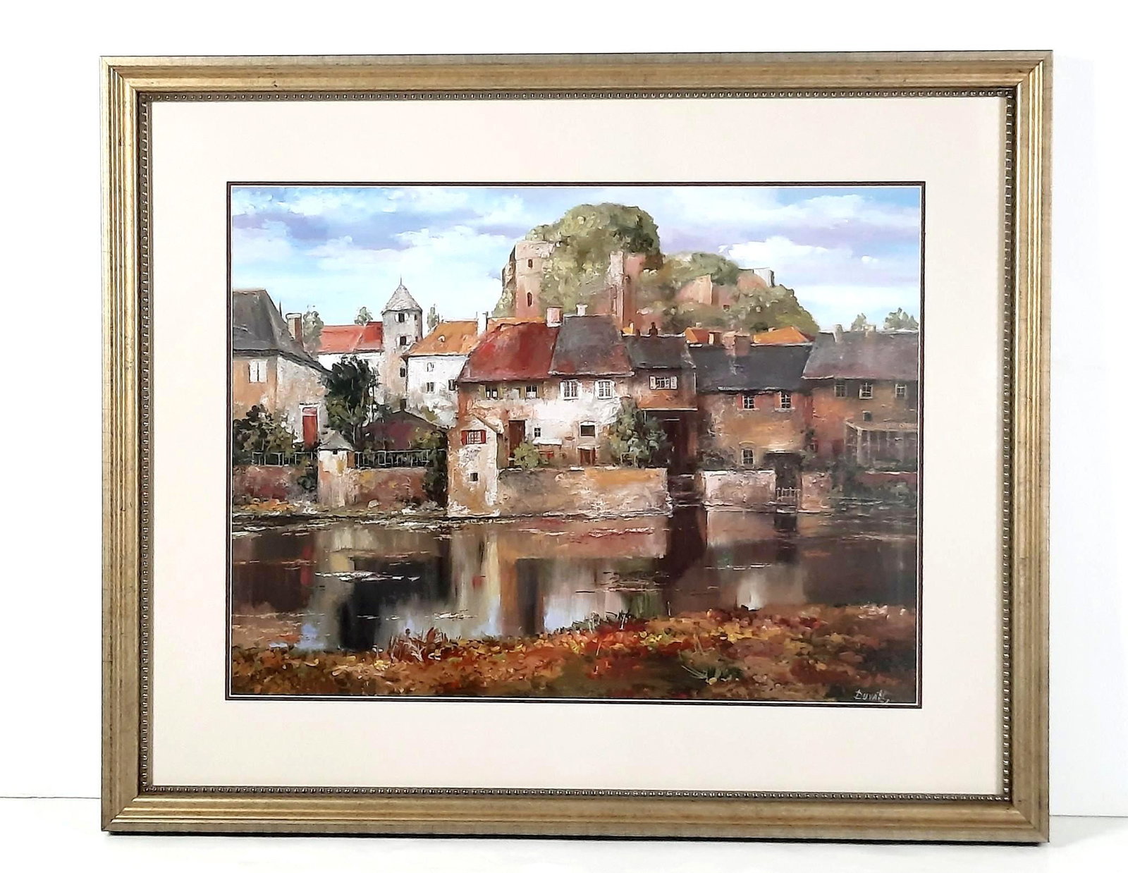 Roger Duvall "Village on The Lake" Print: Overall with frame 36" high x 43" wide. LR IMPORTANT: Before bidding, please read the terms and conditions. When you registered for the auction you agreed to these terms and will be required to comply