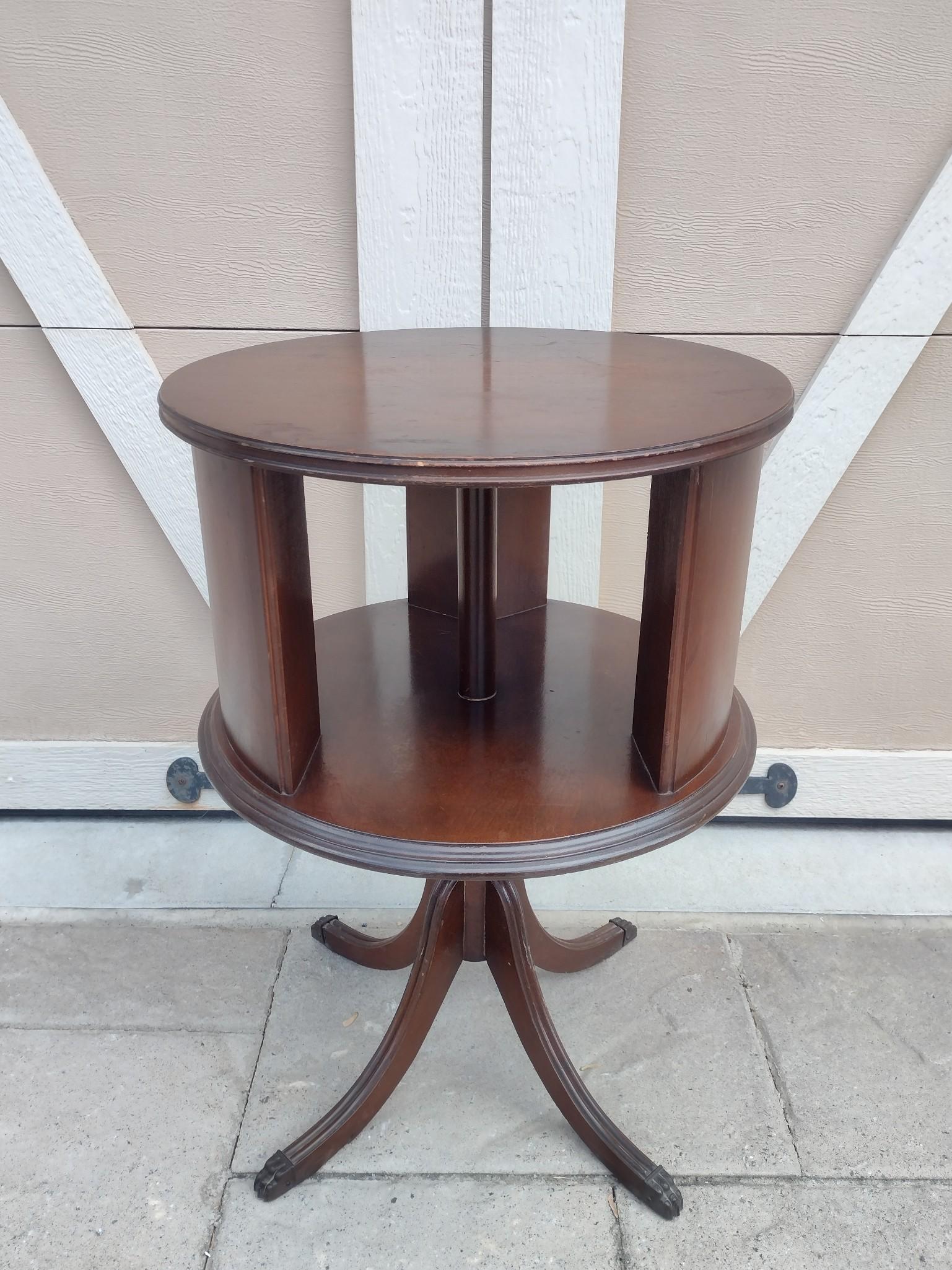 Round End Table: 17-3/4" diameter X 26" high. Has scratches and finish loss. Has repair to leg. MG. IMPORTANT: Before bidding, please read the terms and conditions. When you registered for the auction you agreed to th