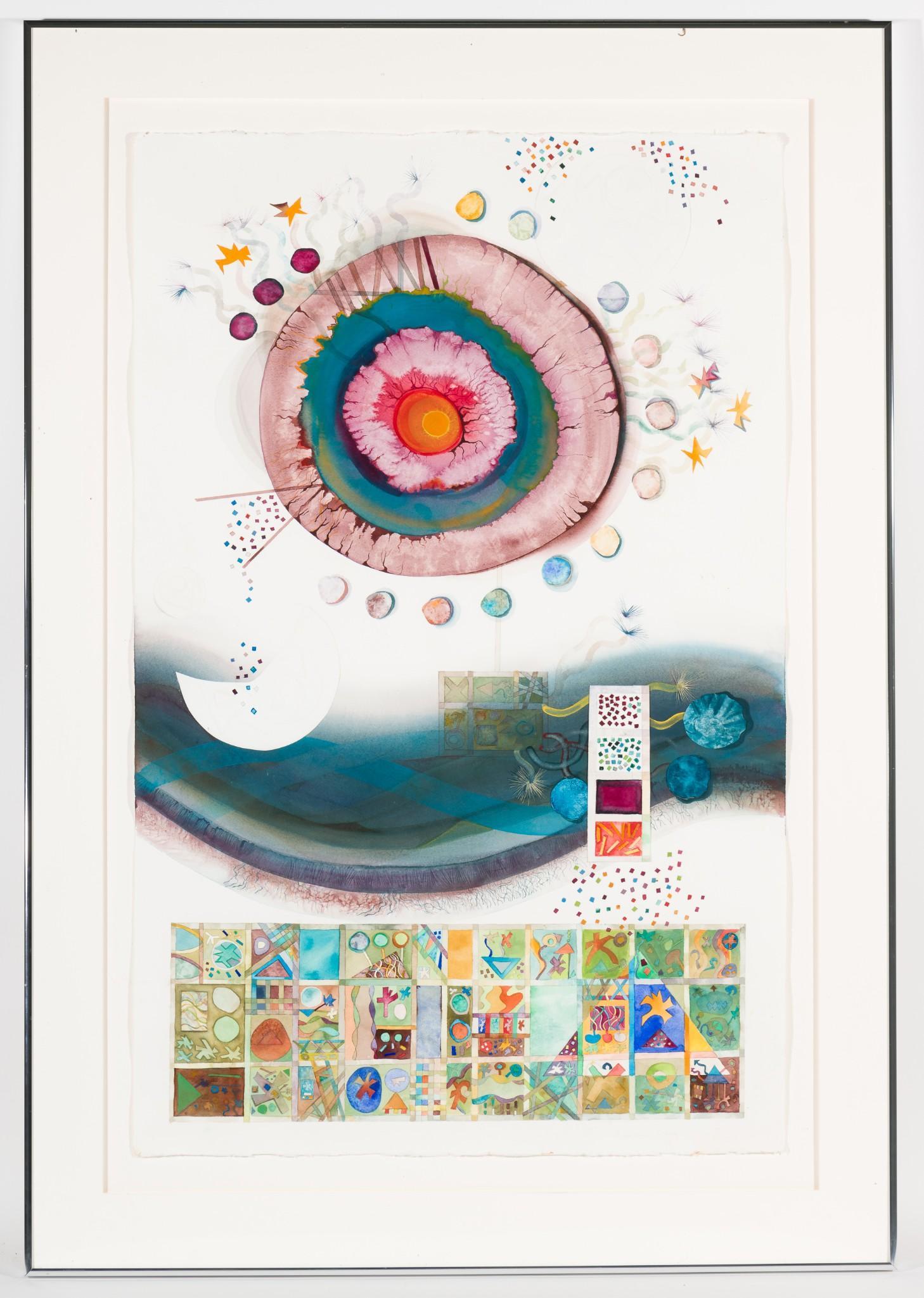 Elizabeth Staz (American, Lewisberry, Pennsylvania): DESCRIPTION: "Reality is Something You Rise Above." Elizabeth Staz (American, Lewisberry Pennsylvanaia). Watercolor and collage on canvas in metal frame. Staz is an abstract watercolor artist based in