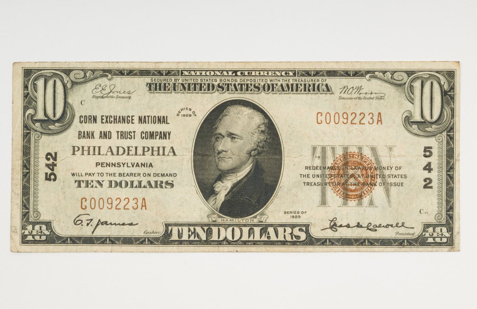 1929 $10 National Currency - Corn Exchange Bank Philadelphia: Series 1929 $10 national currency note from the Corn Exchange National Bank and Trust Company of Philadelphia, Pennsylvania. AJ IMPORTANT: Before bidding, please read the terms and conditions. When yo