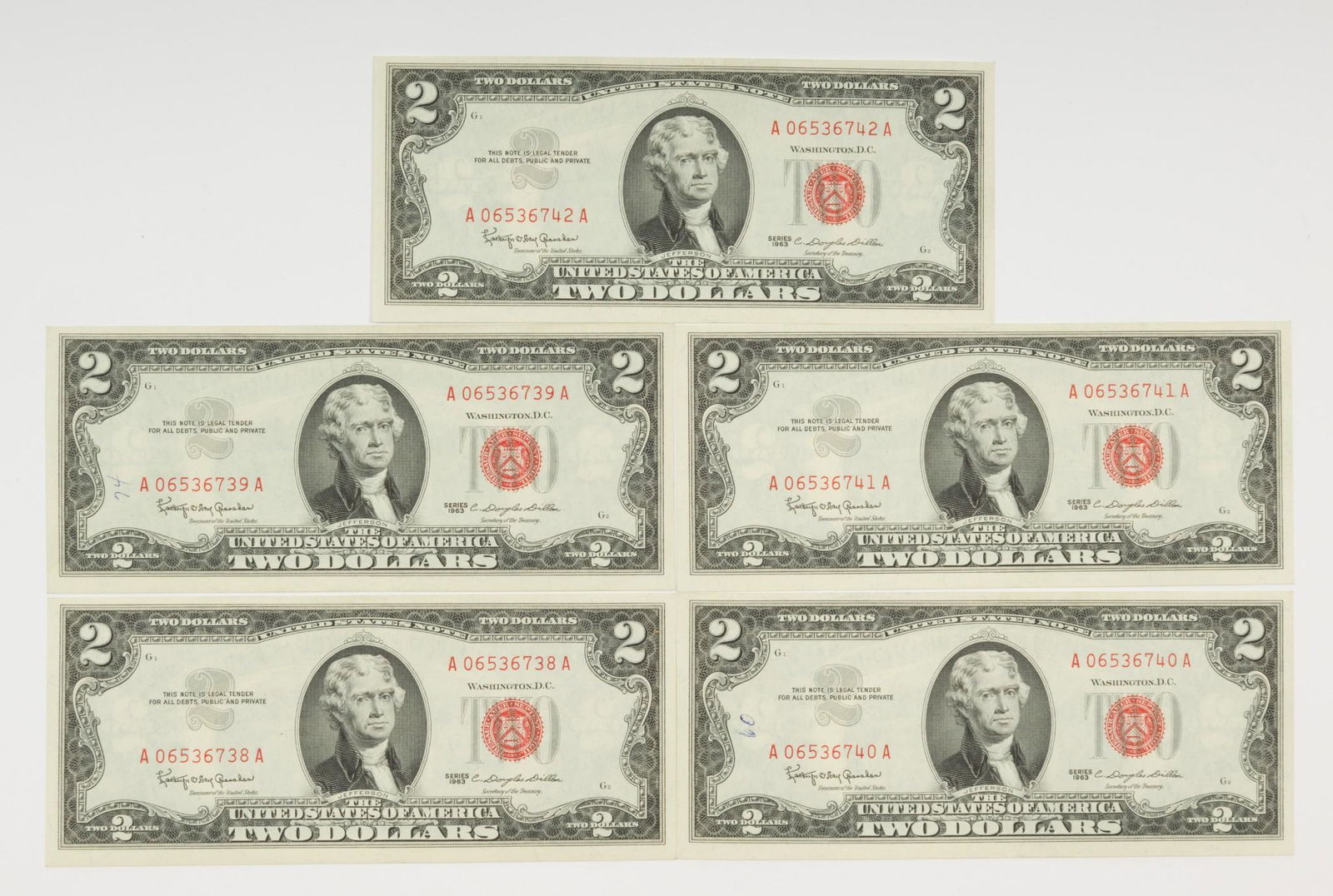 5 Consecutive Series 1953 $2 Red Seal Banknotes (1 of 3)