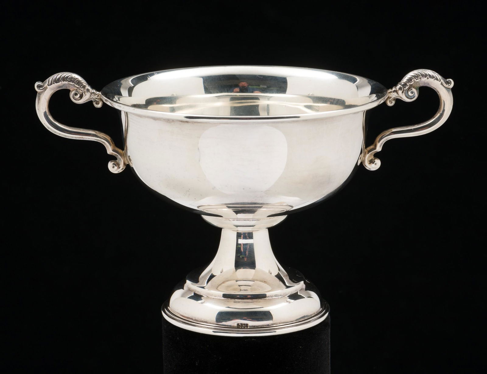 Sterling Wedding Cup: Sterling wedding cup with scroll handles. Marked "925" on base. No maker's mark. 5-7/8" wide x 4" deep x 3-1/4" high. 4.3 ozt. Light scratches as expected with careful wear. AJ. IMPORTANT: Before bidd