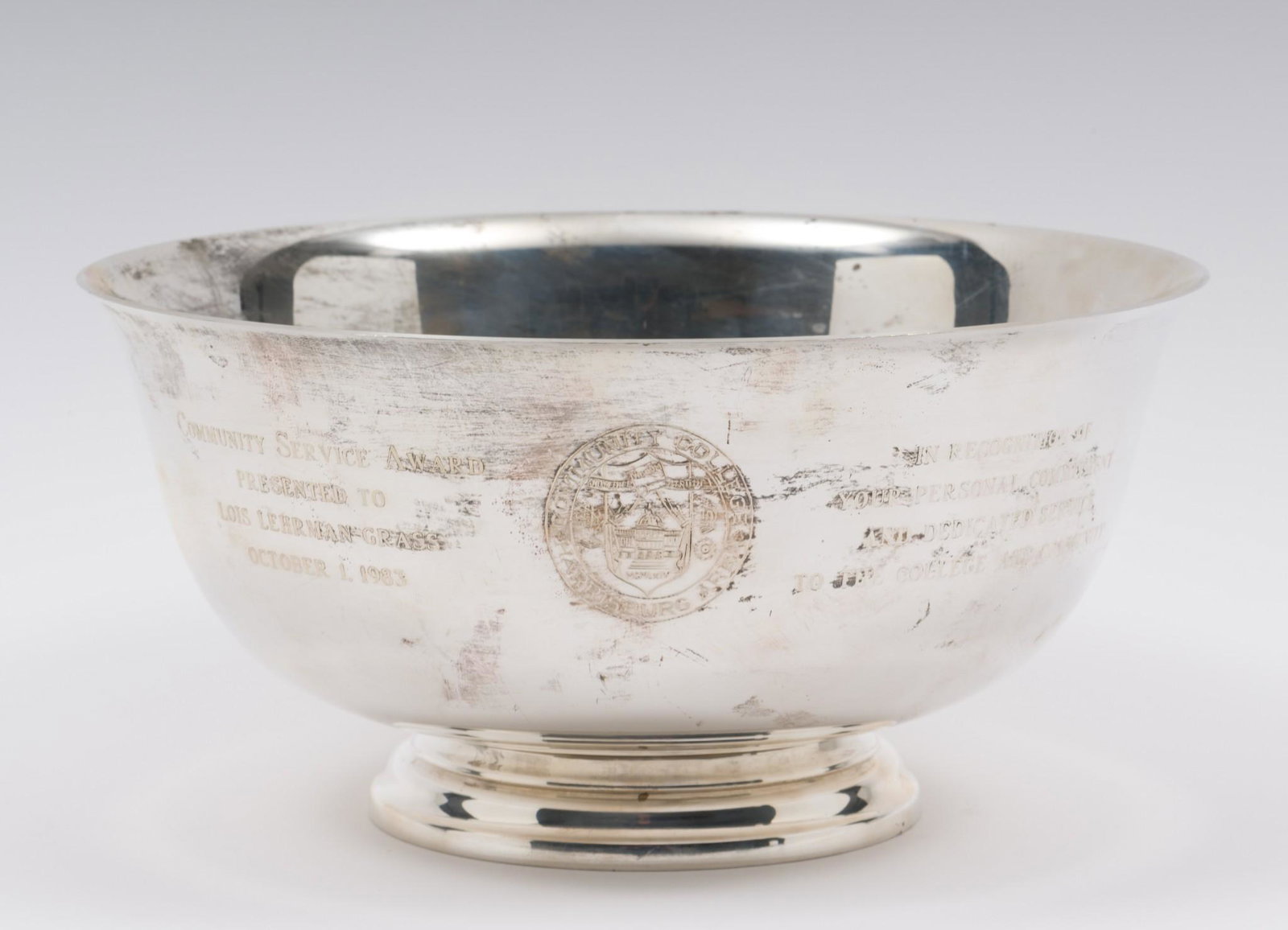 S. Kirk & Son Revere Sterling Bowl - Harrisburg PA Community College: Sterling bowl. Marked S. Kirk and Son Sterling and Revere Reproduction. Inscribed "Community Service Award Presented to Lois Lehrman Grass October 1, 1983" and "In Recognition to your Personal Commitm