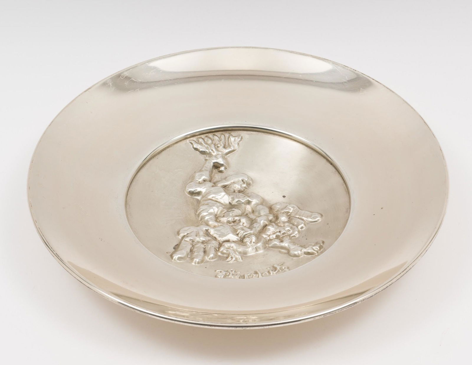 Jacques Lipchitz (1891-1973) The Struggle: Jacques Lipchitz (French-American, 1891-1973), "The Struggle". Limited edition of 9700 sterling silver proofs on a bronze base to commemorate the 25th anniversary of the State of Israel. 11-5/8" diame