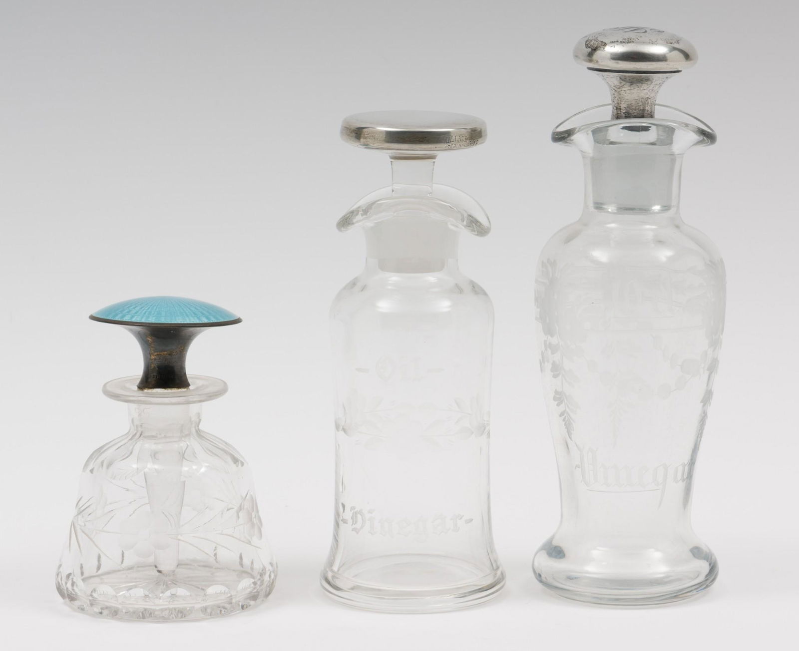 3 Glass Bottles With Sterling & Glass Stoppers Incl. Oil & Vinegar Bottle (1 of 12)