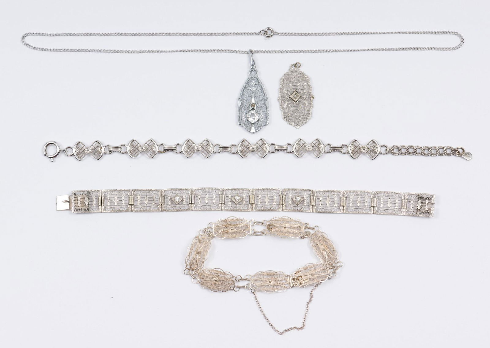 3 Sterling and Silver Filigree Bracelets and 2 Sterling Filigree Pendants (1 of 6)
