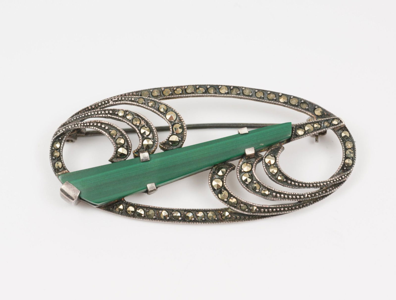 Vintage Sterling, Malachite, and Marcasite Brooch: Marked 925. 2-1/4" wide. MH. IMPORTANT: Before bidding, please read the terms and conditions. When you registered for the auction you agreed to these terms and will be required to comply with them.