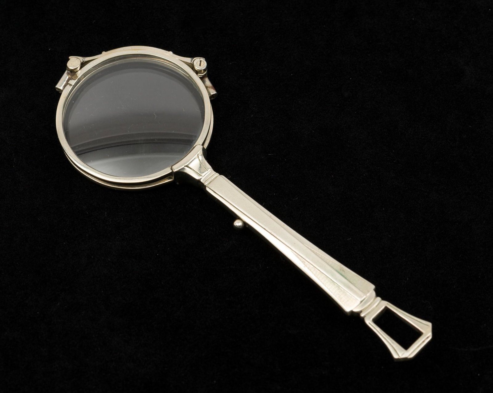 Antique Art Deco Lorgnette: Folding pair of glasses with white metal frame and holder. Locks into place and releases via lever. Lens 37mm. Overall length with handle 5" long. Light wear. AJ. IMPORTANT: Before bidding, please rea