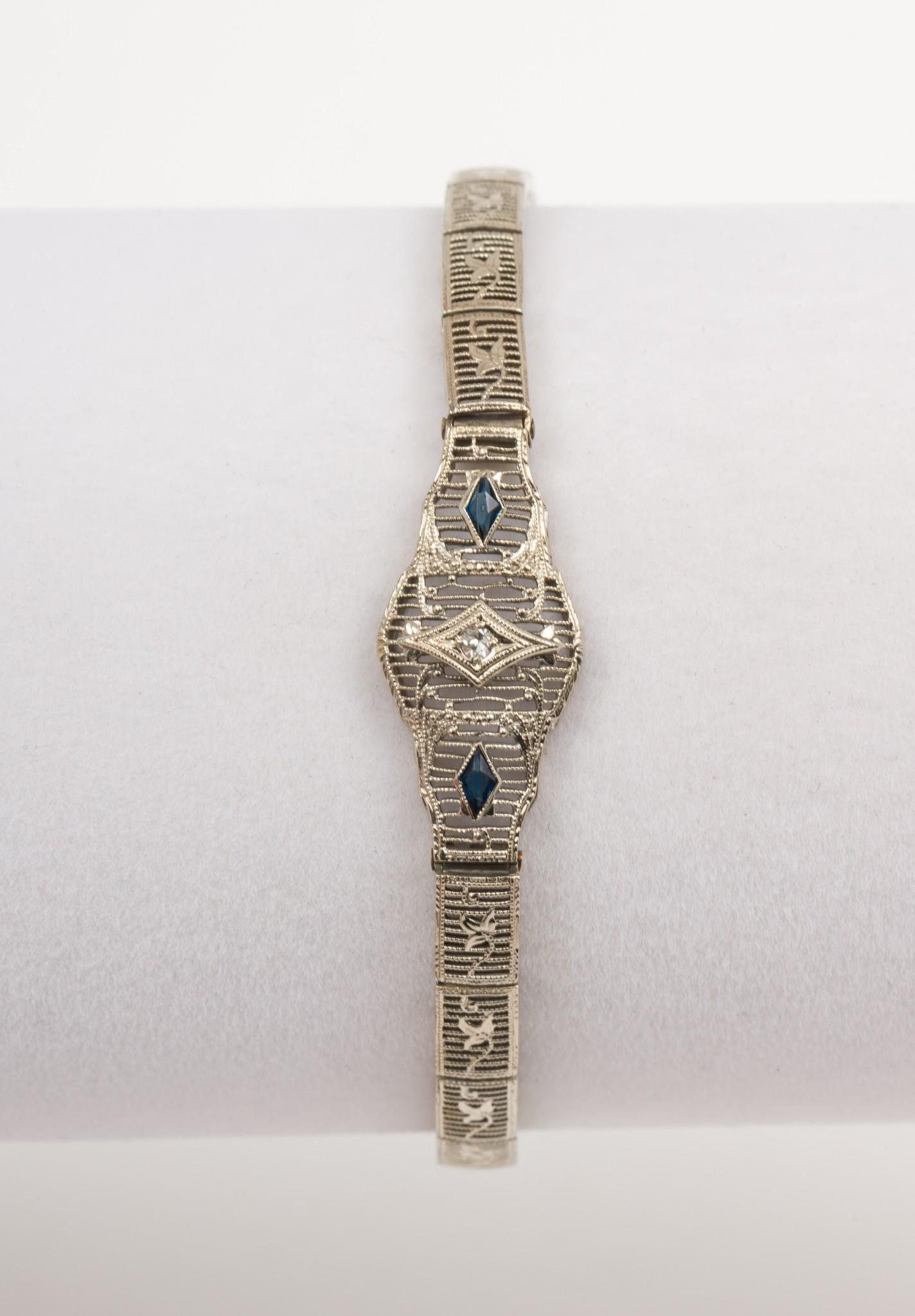 10K White Gold, Diamond & Sapphire Art Deco Bracelet (1 of 4)