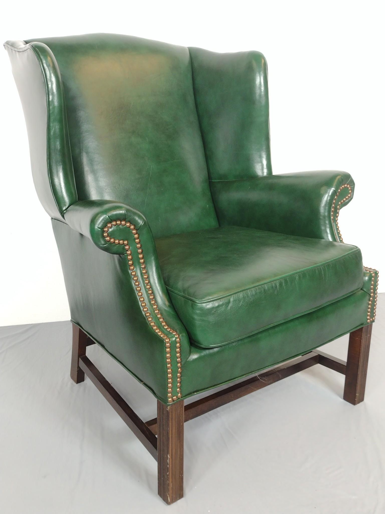 Green Leather Wing Back Chair (1 of 5)