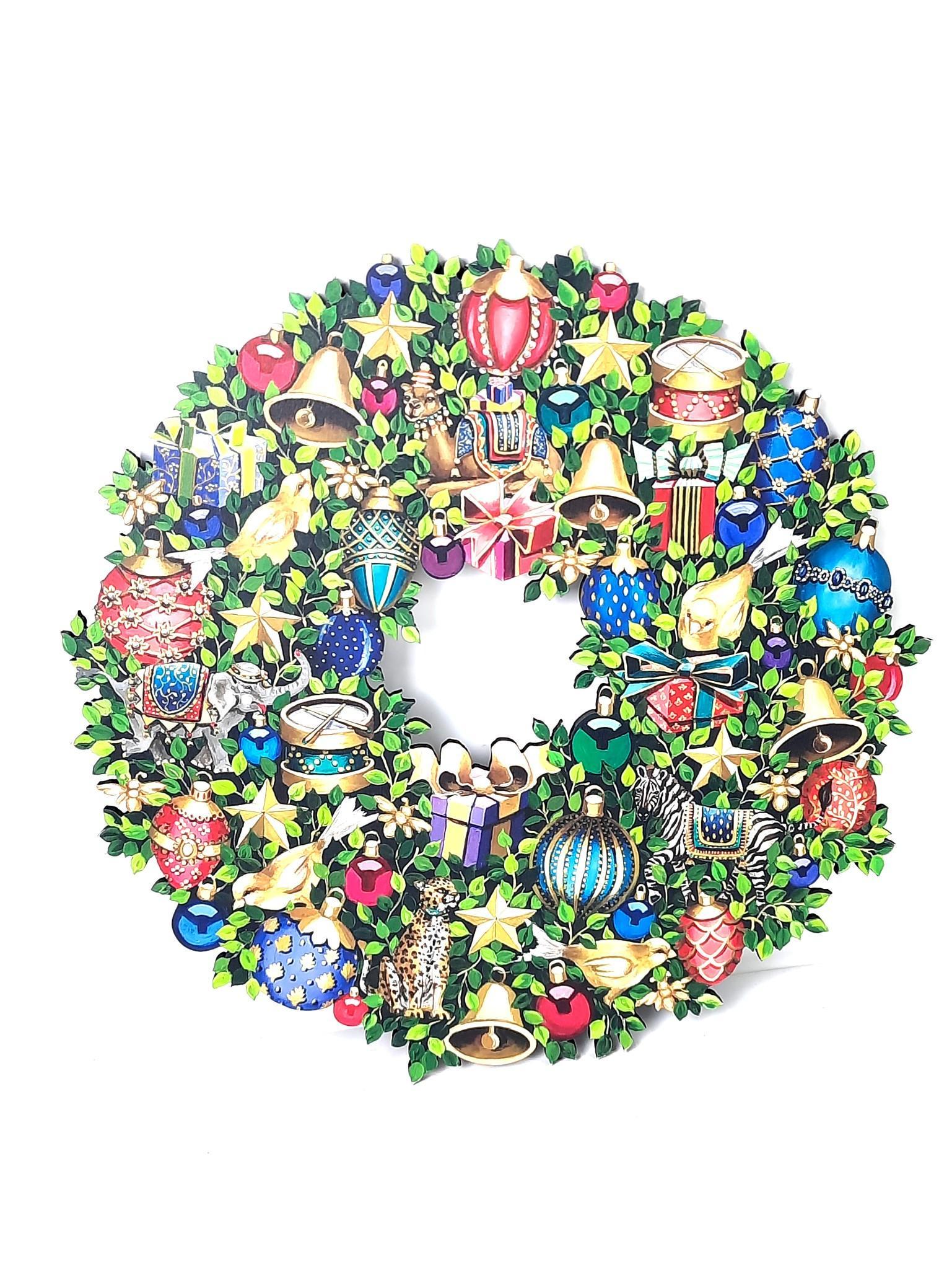 Kathrine Boswell "Trompe L'Veil" Wood Christmas Wreath: 17-1/2" diameter x 1/4" thick. LR From the estate of Robert Harman. IMPORTANT: Before bidding, please read the terms and conditions. When you registered for the auction you agreed to these terms and w