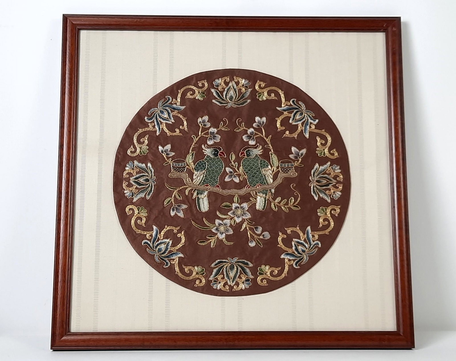 Chinese Embroidery of 2 Birds: Overall with frame 19-3/4" high x 19-1/2" wide. LR From the estate of Robert Harman. IMPORTANT: Before bidding, please read the terms and conditions. When you registered for the auction you agreed to 