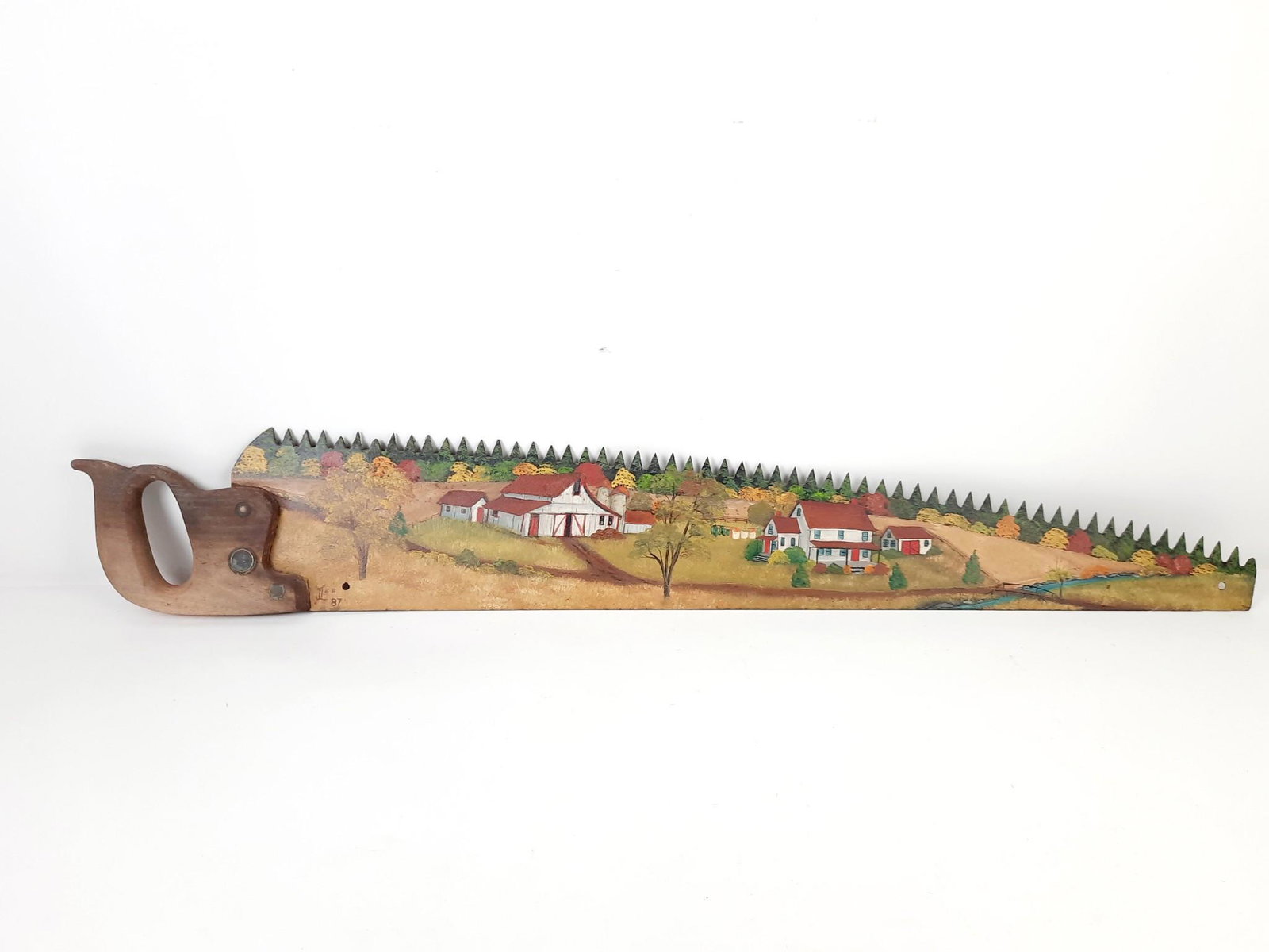 Lee Signed Folk Art Painted Saw: 41" long. LR IMPORTANT: Before bidding, please read the terms and conditions. When you registered for the auction you agreed to these terms and will be required to comply with them.