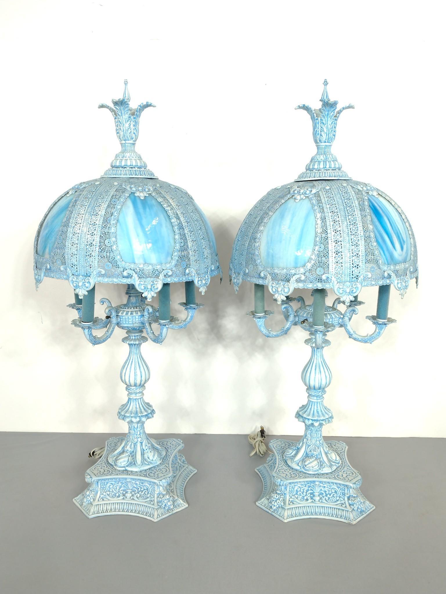 Pair Brushed Blue Slag Glass Lamps: Working. Each 18" diameter X 40" high. â€‹â€‹â€‹â€‹â€‹MG. IMPORTANT: Before bidding, please read the terms and conditions. When you registered for the auction you agreed to th