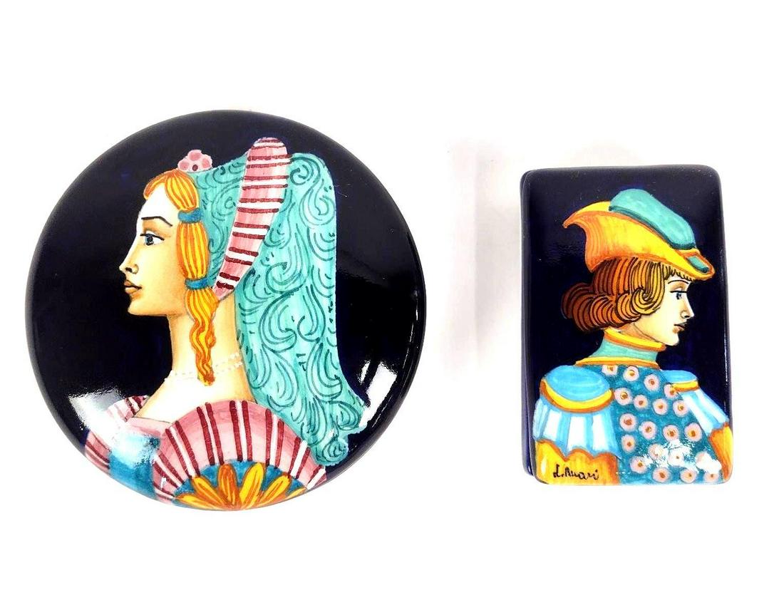 2 Deruta Ceramic Portraits Boxes: 2-1/4" to 4-1/2" wide X 3-1/2" to 4-1/2" deep X 1-1/4" 1-3/4" high. EL From the estate of Robert Harman. IMPORTANT: Before bidding, please read the terms and conditions. When you registered for the au