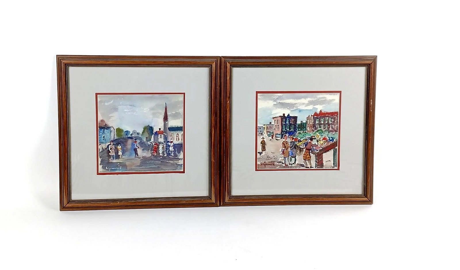 2 Samuel Grunvald Street Scene Paintings: Each overall with frame 13-1/2" high x 14" wide. MEG IMPORTANT: Before bidding, please read the terms and conditions. When you registered for the auction you agreed to these terms and will be required