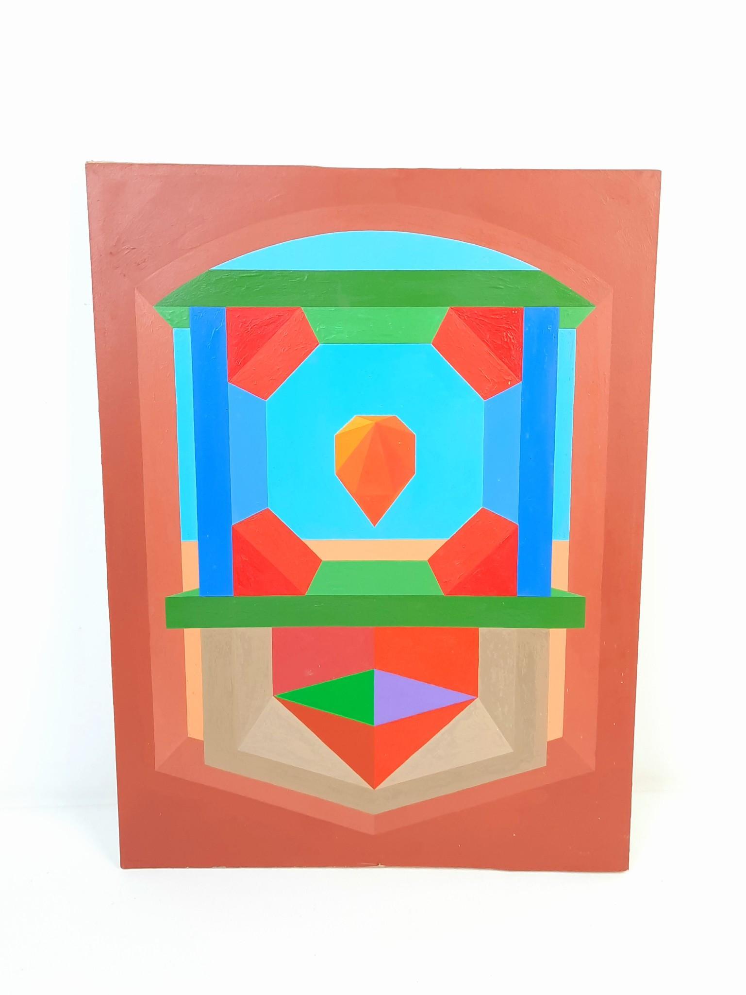 Vibrant Geometric Painting: Unsigned. Painting on wood board. Verso with handwriting measurement and hanging instructions. Overall 20" high x 15-1/4" wide. LR From the estate of Robert Harman. IMPORTANT: Before bidding, please r