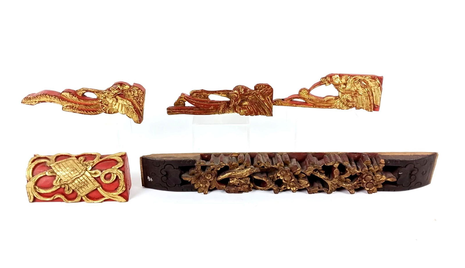 5 Chinese Carved Red & Gilt Wood Fragments (1 of 6)