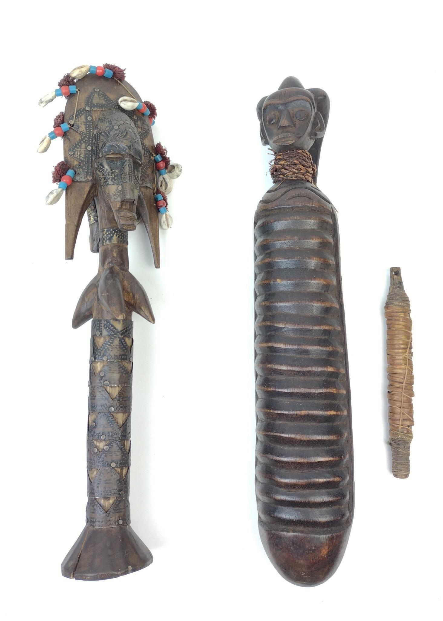African Musical Rasp and Mali Bamana Carving: 3" to 3-1/2" diameter X 17" to 18" long. MG From the estate of Robert Harman. IMPORTANT: Before bidding, please read the terms and conditions. When you registered for the auction you agreed to these t