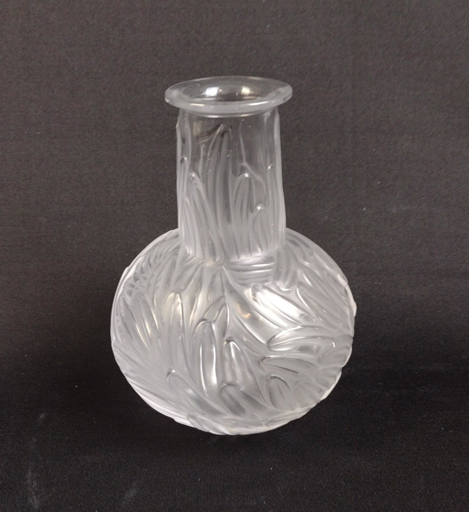 Lalique "Plumes" Vase: 4" diameter x 5" high. MEG From the estate of Robert Harman. IMPORTANT: Before bidding, please read the terms and conditions. When you registered for the auction you agreed to these terms and will be 
