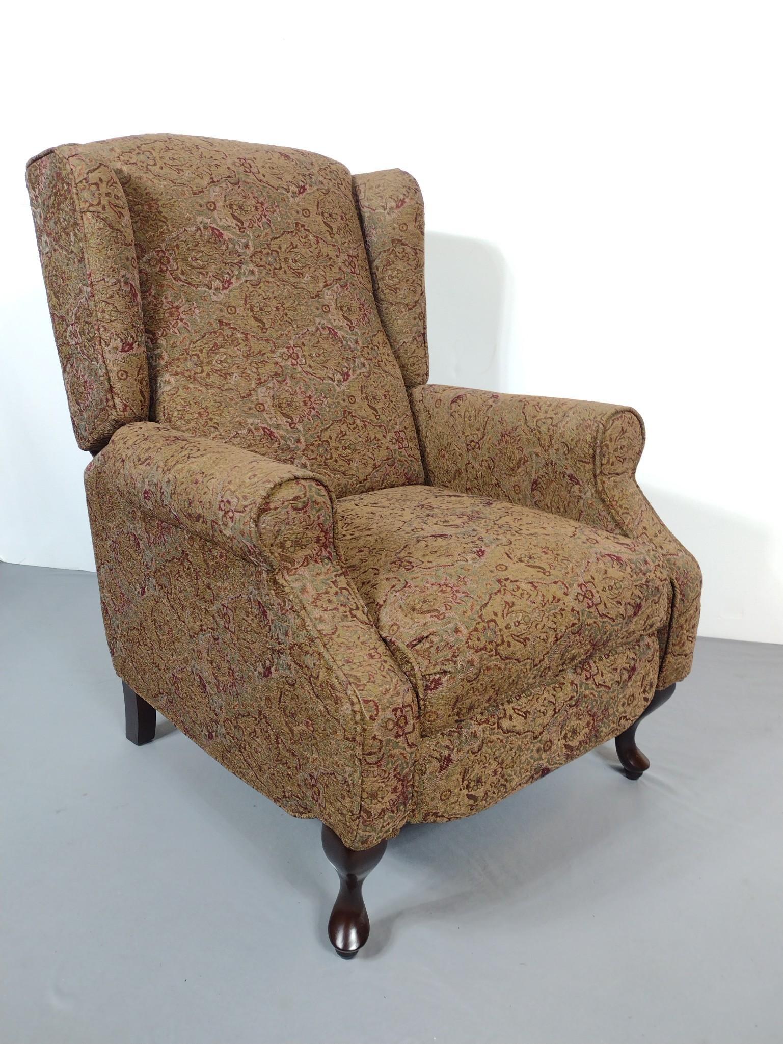 Klaussner Furniture Wing Back Recliner: 30" wide X 32" deep X 41" high. MG IMPORTANT: Before bidding, please read the terms and conditions. When you registered for the auction you agreed to these terms and will be required to comply with th