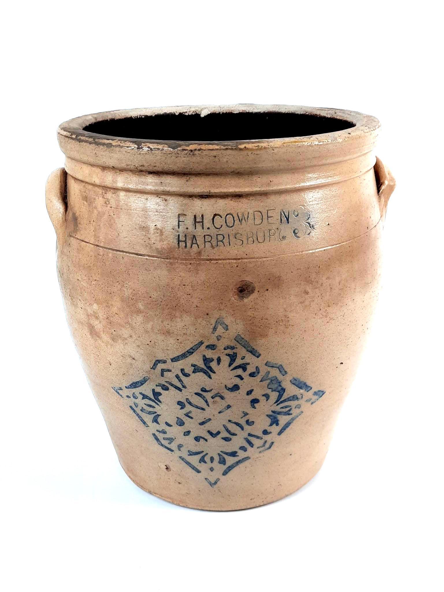 F. H. Cowden Harrisburg, PA Cobalt Decorated Crock: 11" diameter x 12" high. Cracks and losses throughout. LR IMPORTANT: Before bidding, please read the terms and conditions. When you registered for the auction you agreed to these terms and will be req
