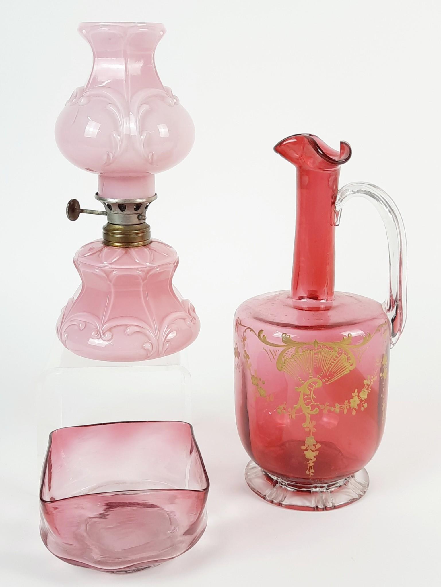 3 Pcs Pink Glassware incl Cranberry Ewer (1 of 1)