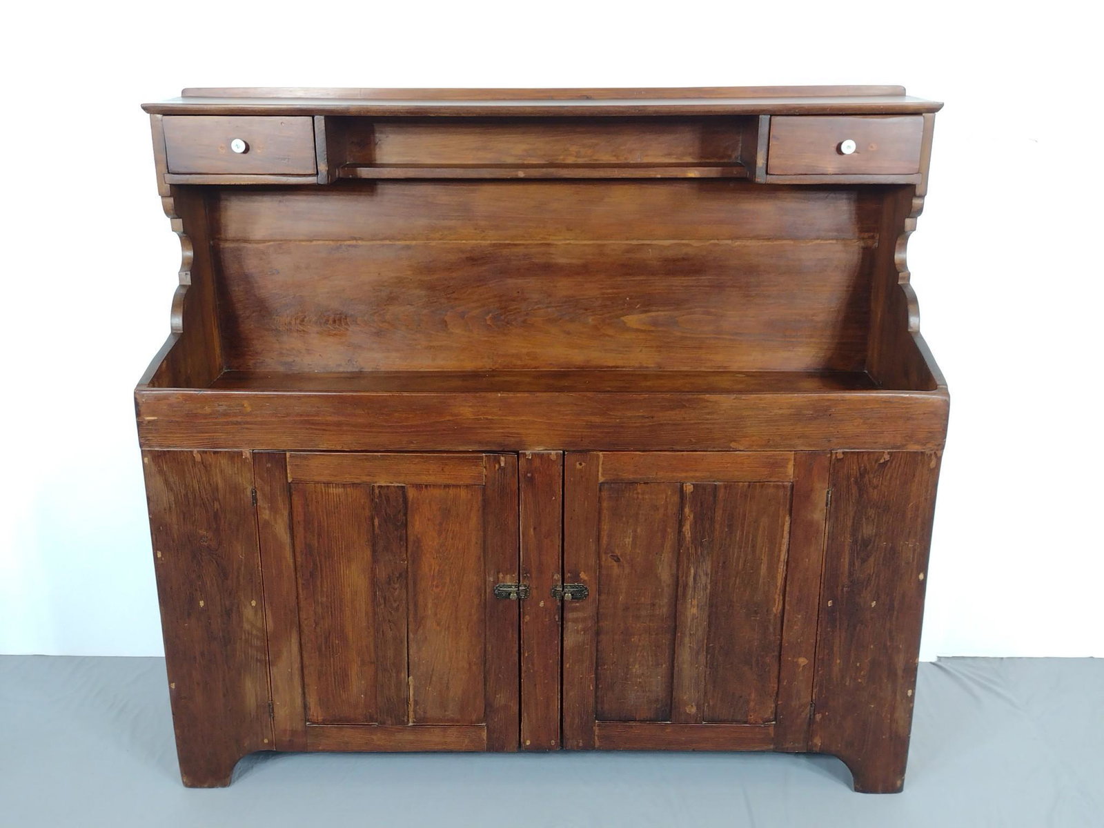 Dry Sink: 58-1/4" wide X 19" deep X 52-1/2" high. Has some light scratches. MG. IMPORTANT: Before bidding, please read the terms and conditions. When you registered for the auction you agreed to these terms and