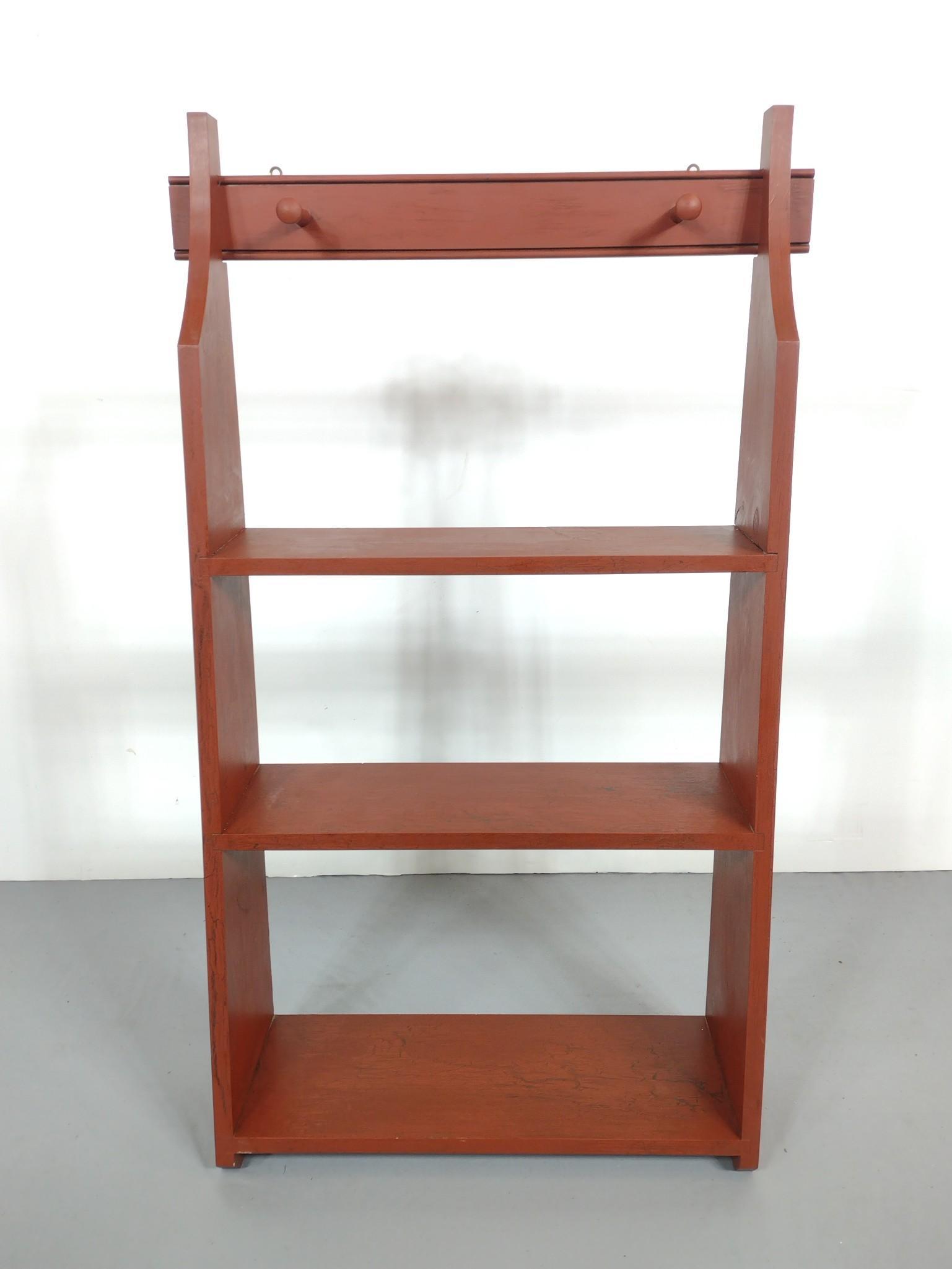 Wayne Zimmerman Handcrafted Wall Shelf With Hat Rack: Dated 1990. 21-3/4" wide X 8" deep X 40-1/2" high. MG. IMPORTANT: Before bidding, please read the terms and conditions. When you registered for the auction you agreed to these terms and will be requir