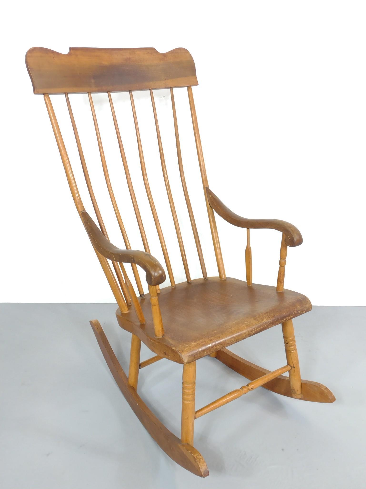 Rocking Chair: 21" wide X 34" deep X 43-1/4" high. Has some scratches. MG. IMPORTANT: Before bidding, please read the terms and conditions. When you registered for the auction you agreed to these terms and will be r