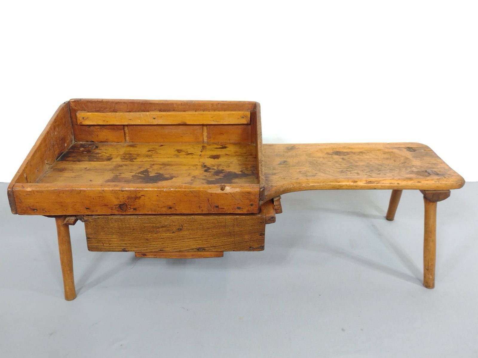 Cobblers Bench: 43-1/2" wide X 17" deep X 17" high. Has scratches and discoloring. MG. IMPORTANT: Before bidding, please read the terms and conditions. When you registered for the auction you agreed to these terms an