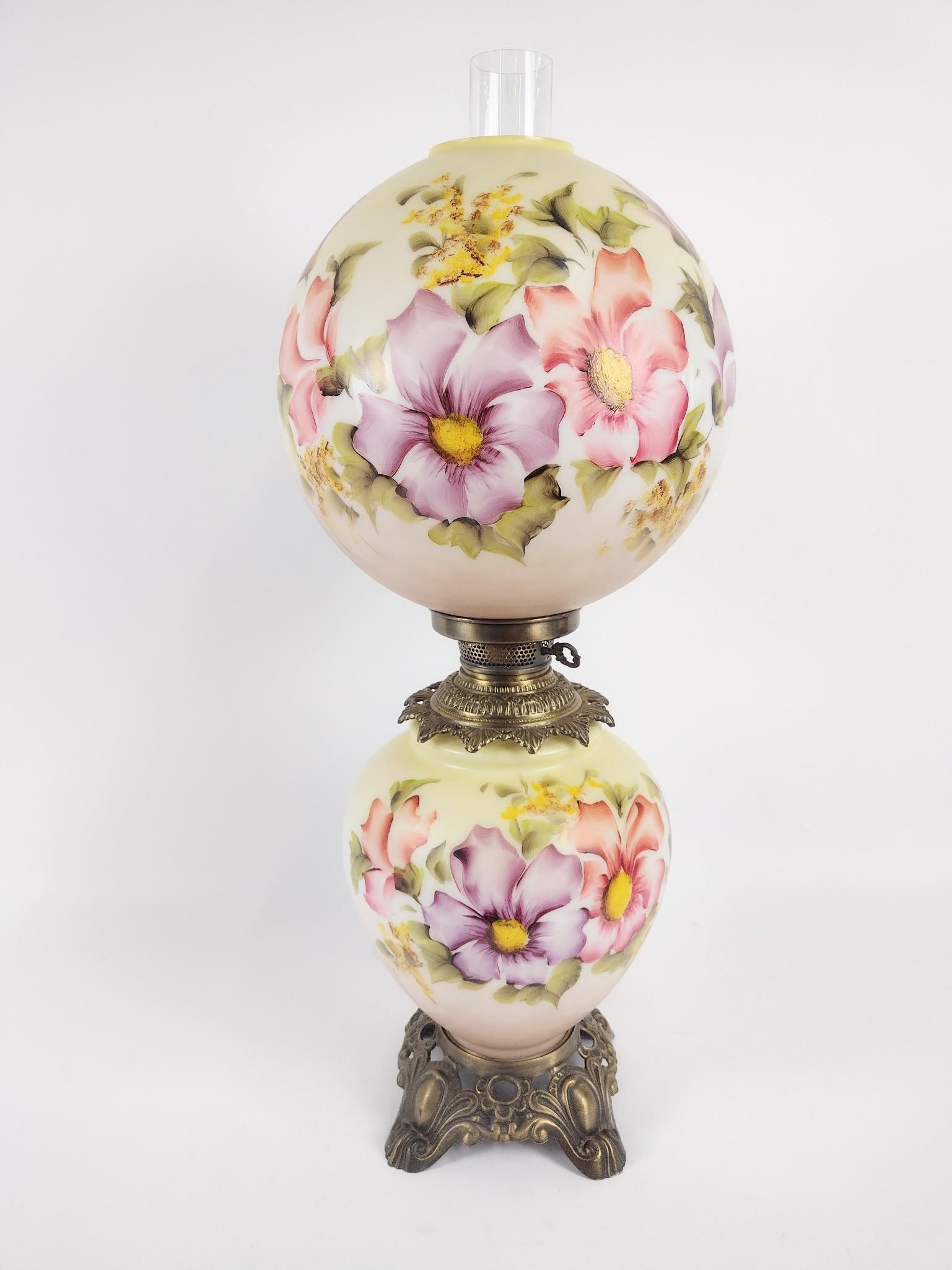 Floral Gone With The Wind Lamp: Working. 12-1/2" diameter X 30" high. Chip to shades top opening. EL IMPORTANT: Before bidding, please read the terms and conditions. When you registered for the auction you agreed to these terms and
