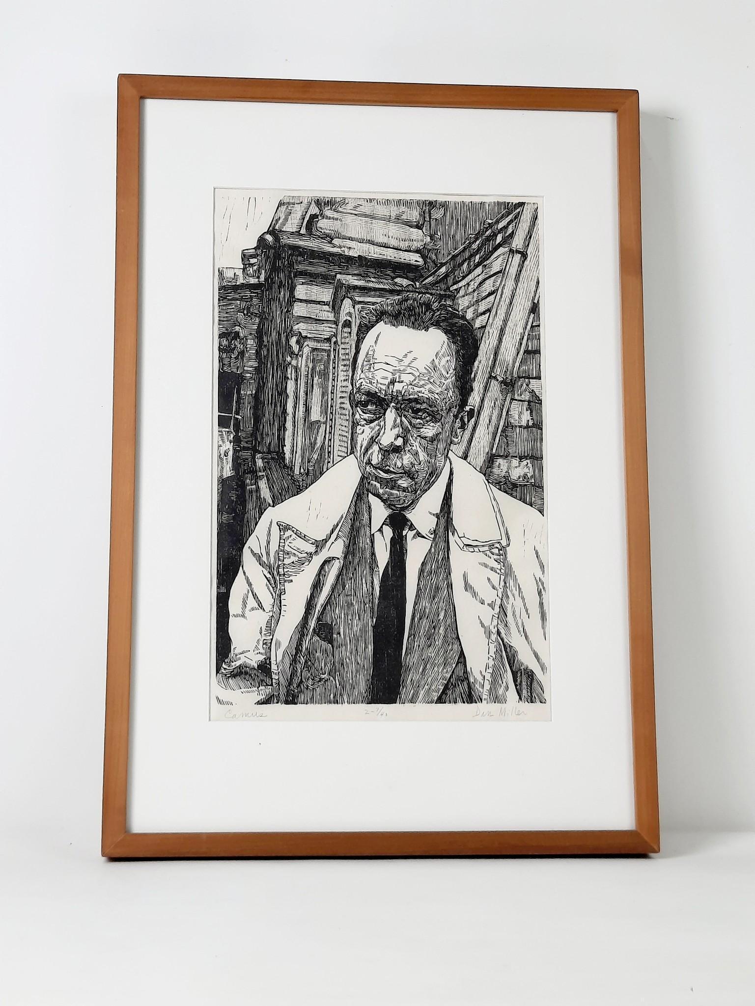 Dan Miller "Camus" Ltd Ed Etching: Dan Miller received an MFA degree in painting from the University of Pennsylvania in 1958 and graduated from PAFA the following year. Since returning to PAFA as a faculty member in 1964, he has served