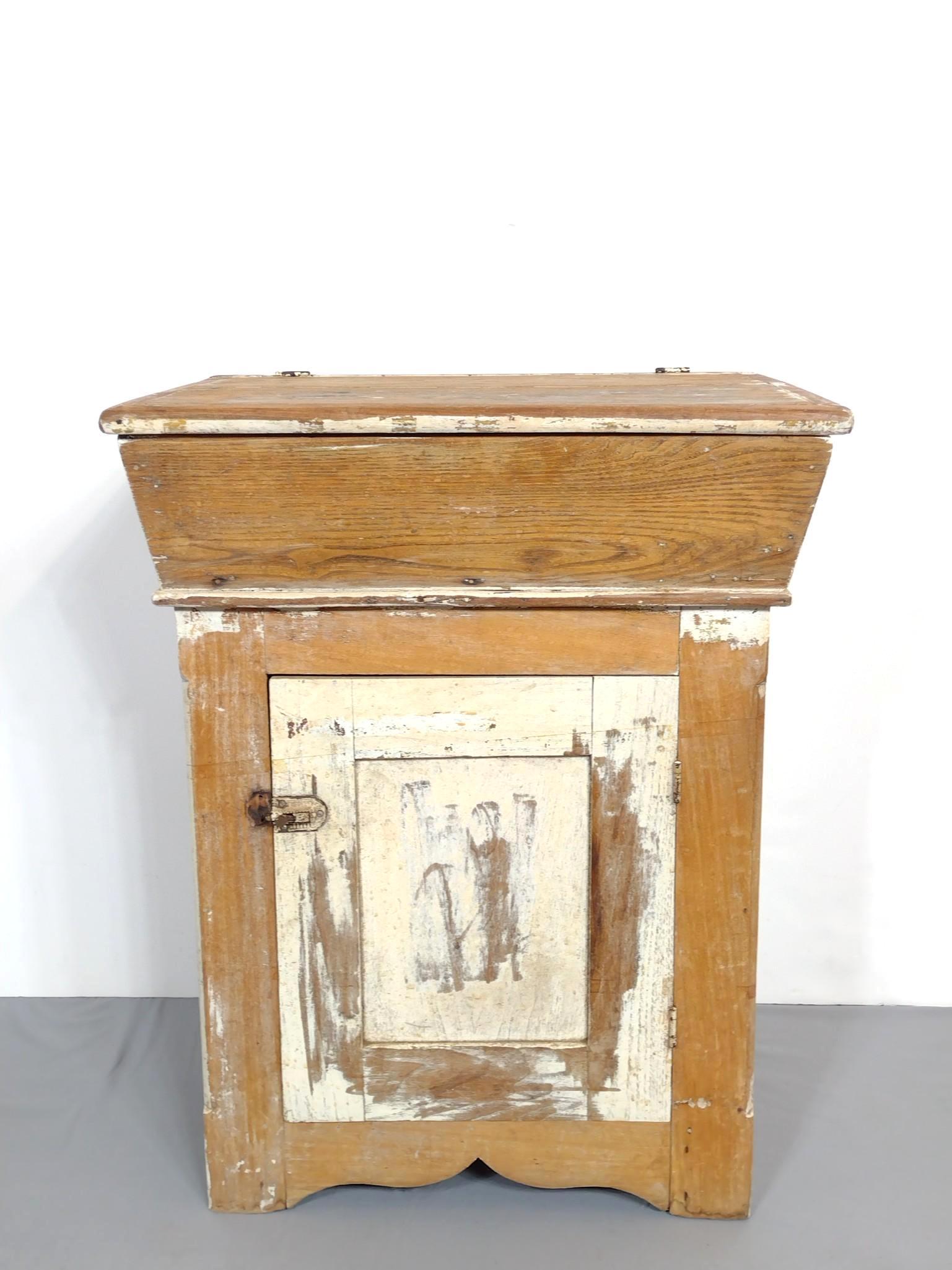 Primitive Cabinet: 23-1/2" wide X 19-1/2" deep X 29-1/2" high. Has paint loss and scratches. MG. IMPORTANT: Before bidding, please read the terms and conditions. When you registered for the auction you agreed to these t