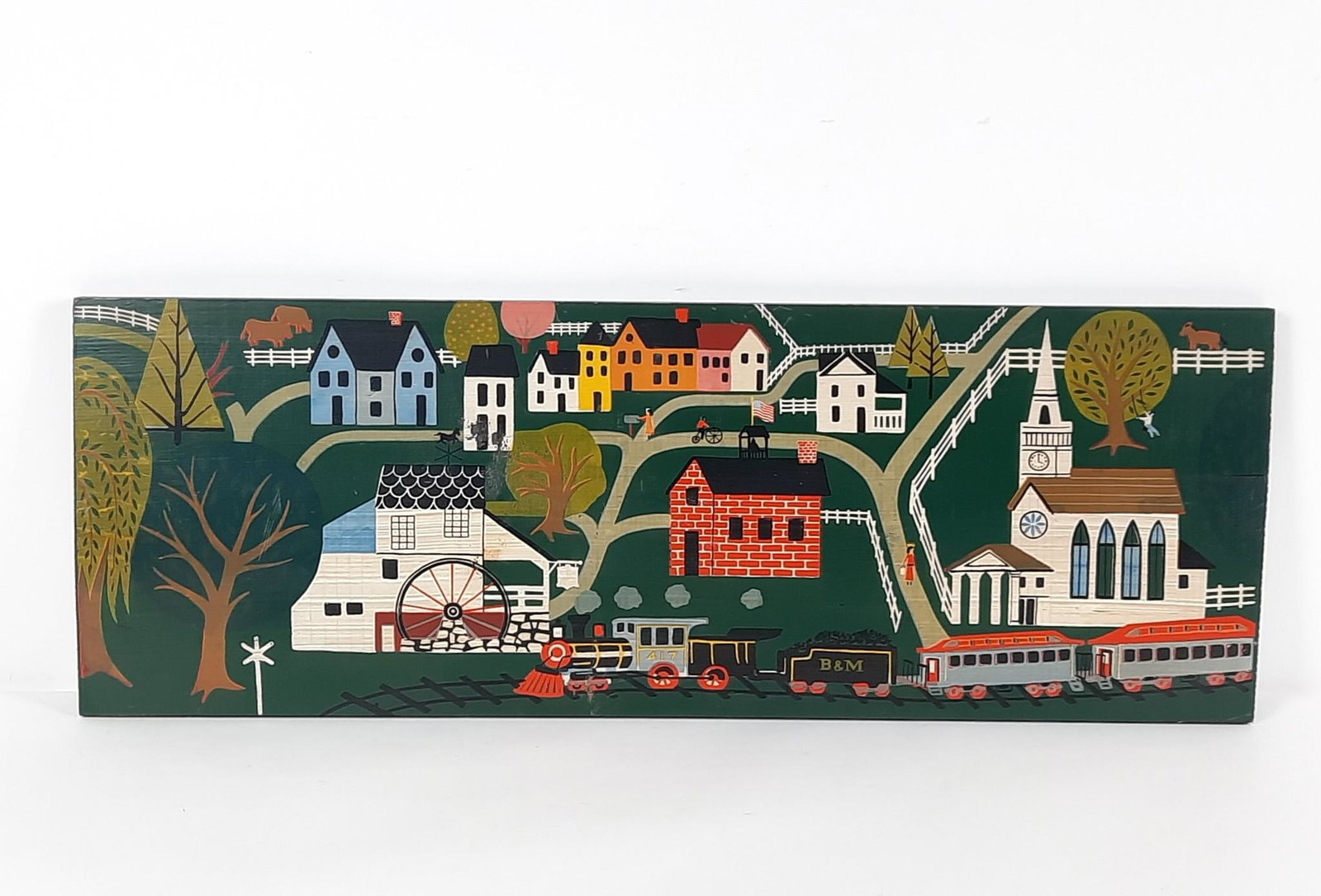 George Nathan Folk Art Painting: Painting on wood board. Unsigned. Verso stamped Hand crafted by George Nathan. 11-1/2" high x 32" wide. Loss to bottom at locomotive front wheels. LR IMPORTANT: Before bidding, please read the terms a