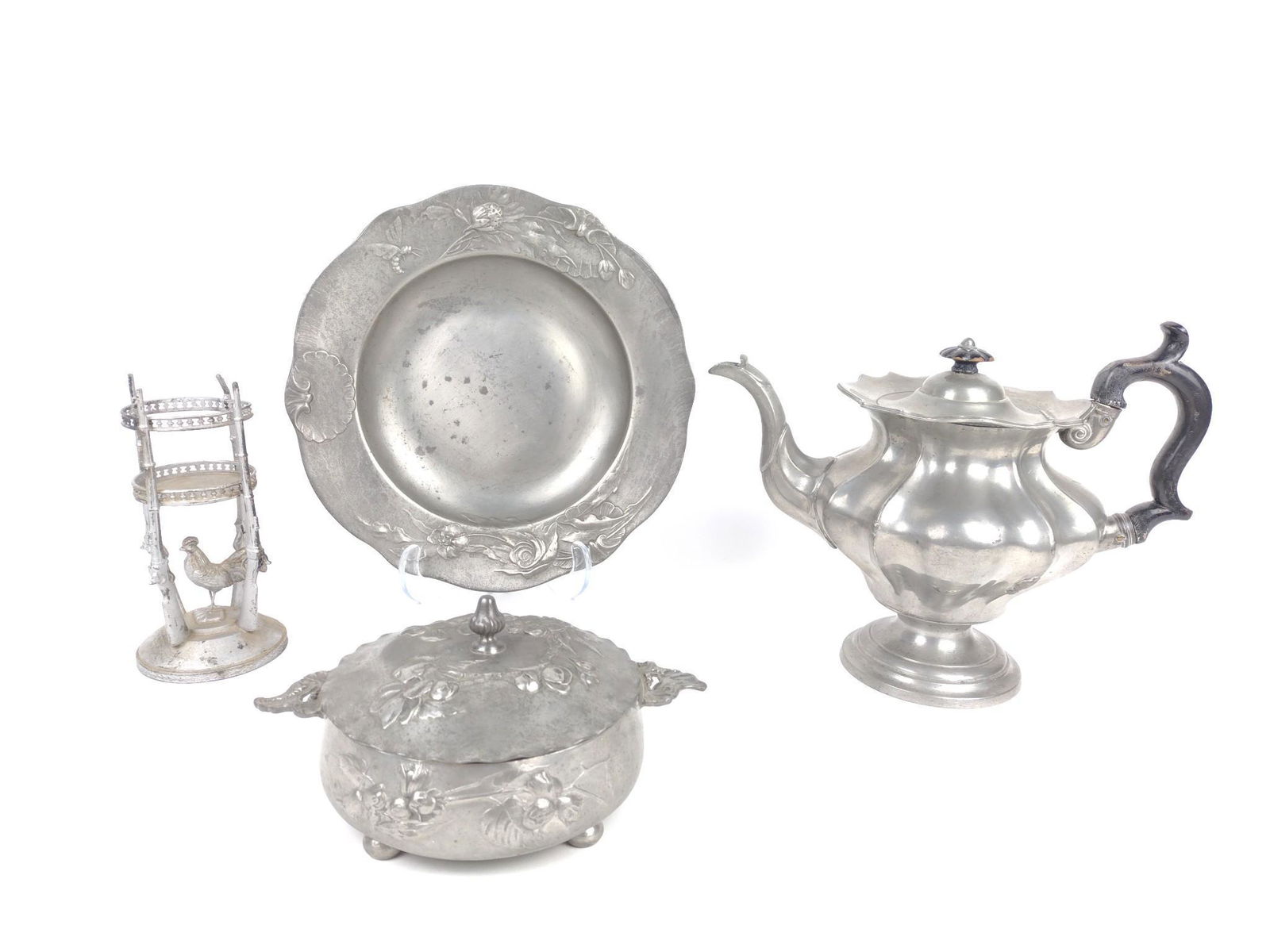 3 Pcs Antique Pewter & Silver Plate Chicken with Gun Holder: 3-1/2" to 11" wide X 1-1/2" to 8-1/2" high. MG. IMPORTANT: Before bidding, please read the terms and conditions. When you registered for the auction you agreed to these terms and will be required to c