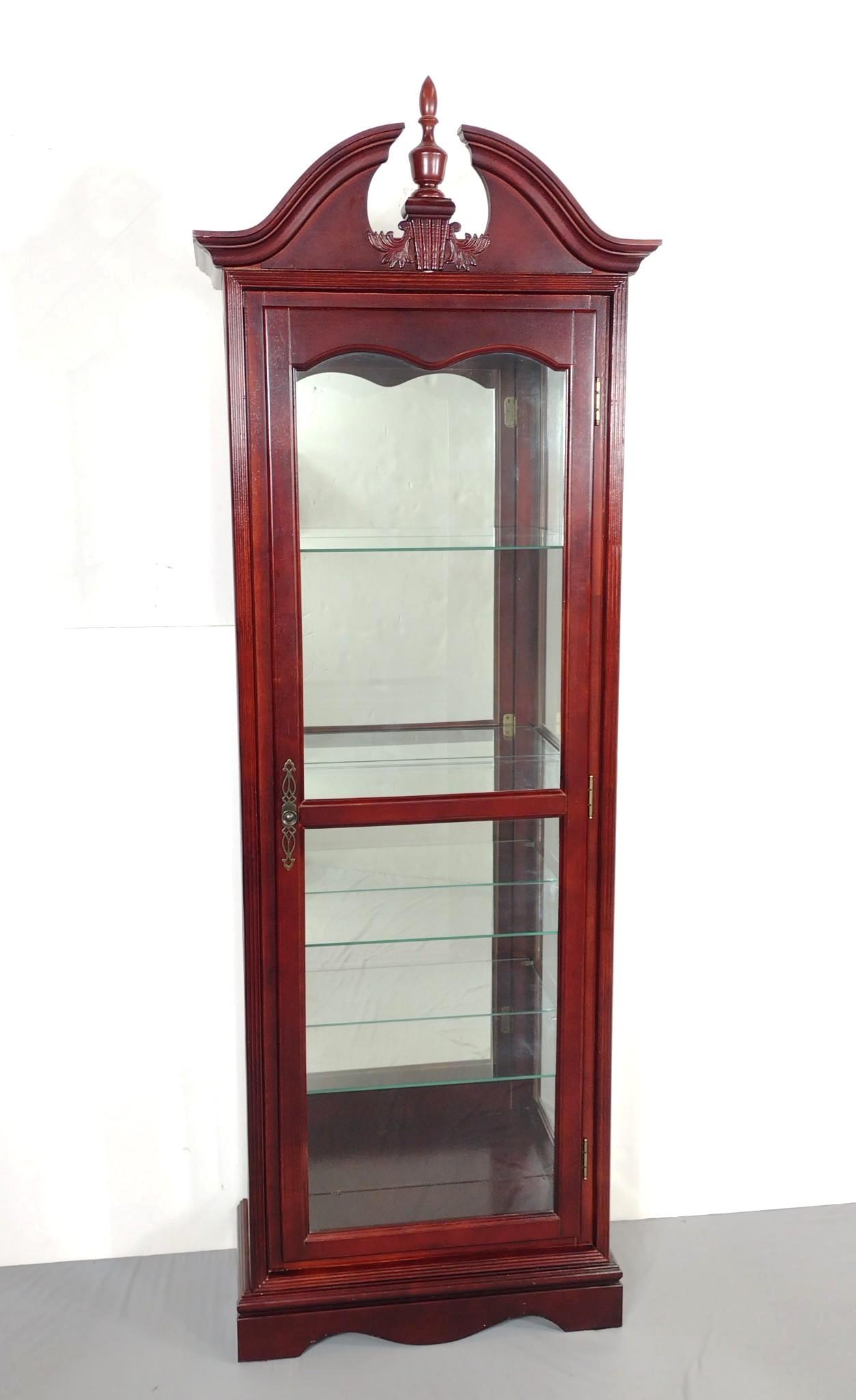 Curio Cabinet With Glass Shelves: 28" wide X 14" deep X 82-1/2" high. No manufactures name found. MG. IMPORTANT: Before bidding, please read the terms and conditions. When you registered for the auction you agreed to these terms and w