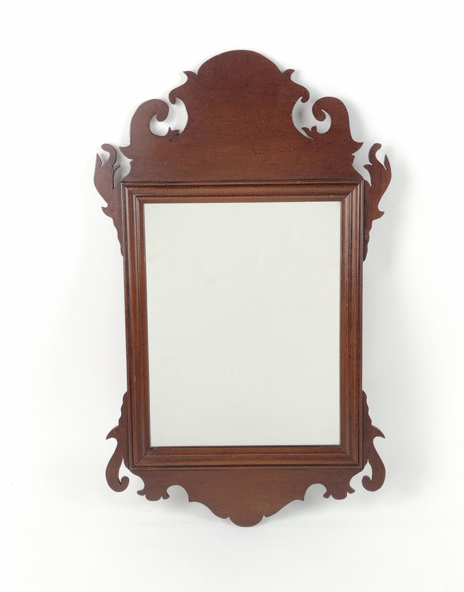 Chippendale Style Mirror: Overall with frame 19-1/2" high x 11-1/2" wide. MG. IMPORTANT: Before bidding, please read the terms and conditions. When you registered for the auction you agreed to these terms and will be required 