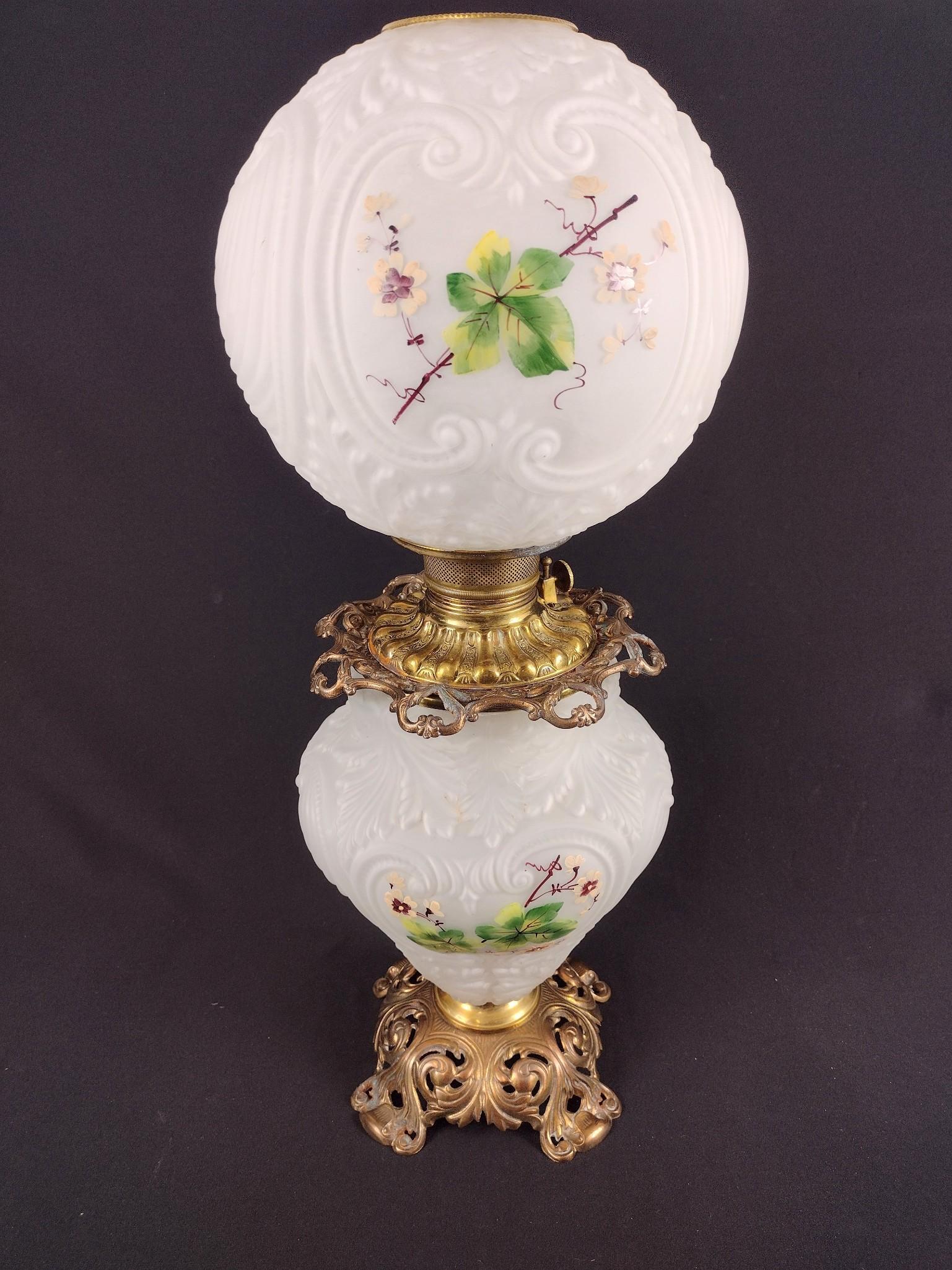 Floral Gone With The Wind Lamp: Working. 11" diameter X 26" high. No chimney. Repair to shade. EL IMPORTANT: Before bidding, please read the terms and conditions. When you registered for the auction you agreed to these terms and wil