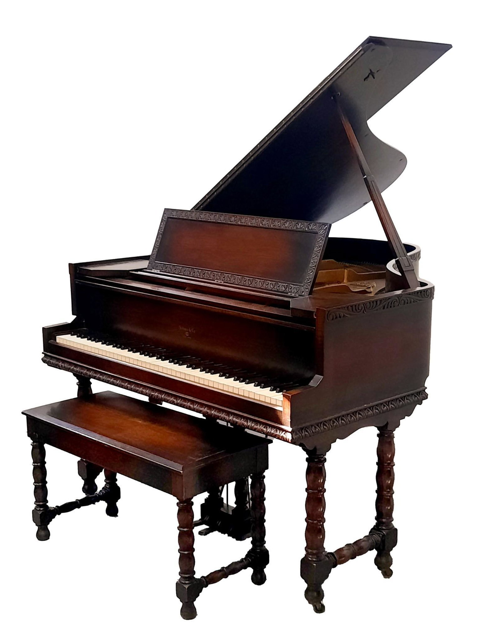 Sohmer & Co Cupid Piano: Serial number 57329. T4" wide x 62" deep x 39-1/4" high. Wood case with finish losses throughout. Keys with cracks and losses. Not tuned within the last 5 years. Bench: 35-1/4" wide x 15" deep x 20" h