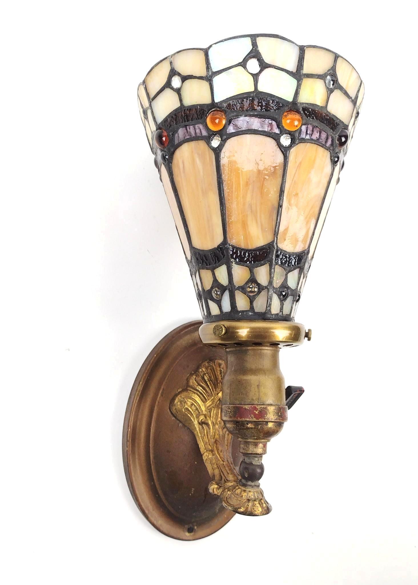 Antique Brass Wall Scone with Leaded Glass Shade (1 of 4)