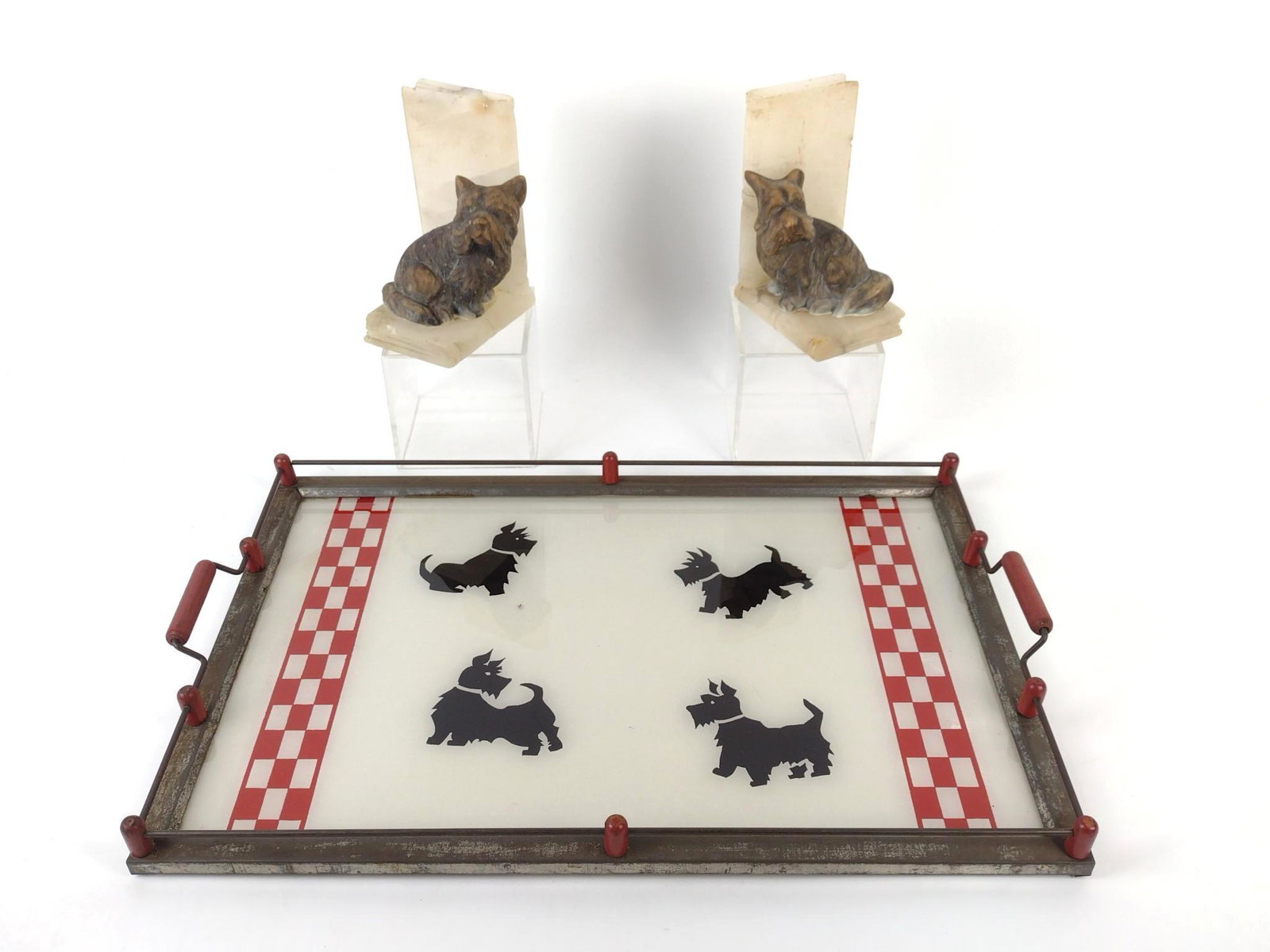 Scottie Dog Bookends & Tray: Bookends 6" high. Tray 18" wide X 12" deep. MG. IMPORTANT: Before bidding, please read the terms and conditions. When you registered for the auction you agreed to these terms and will be required to c