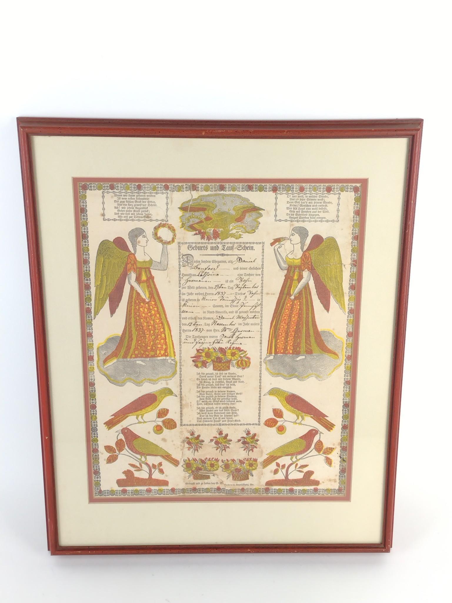 1837 Daniel Sanford Union Co Fraktur: Union County, PA. Dated November 12, 1837. Some creases, tears and discoloration. Overall with frame 21-1/4" high x 17-1/2" wide. MG. IMPORTANT: Before bidding, please read the terms and conditions. W