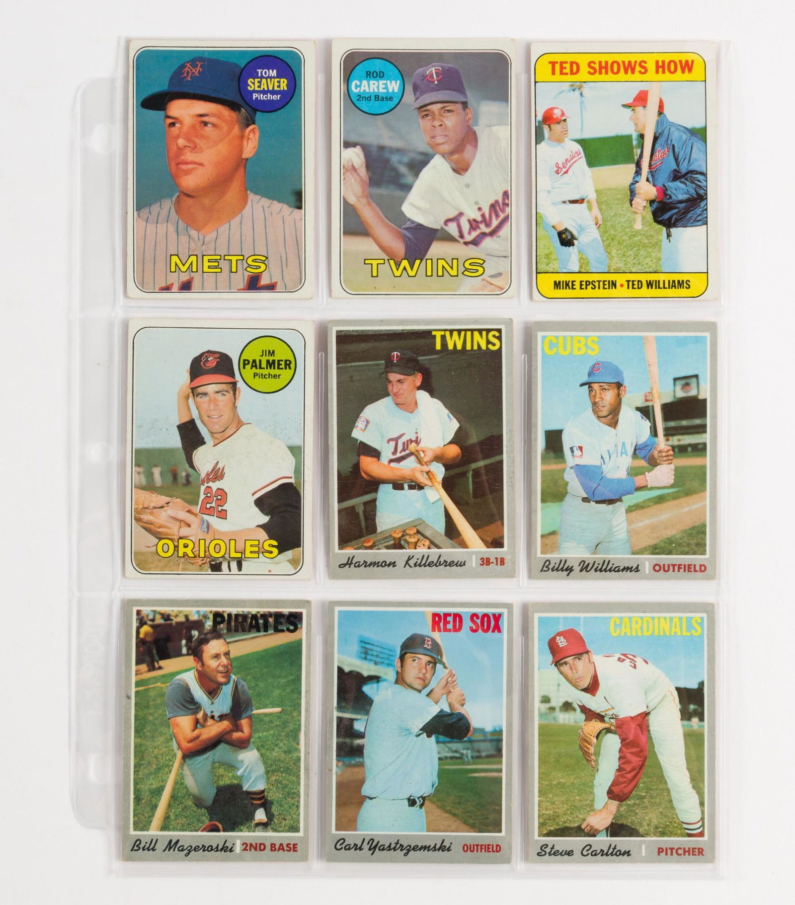 9 Topps Hall Of Fame Cards: Includes 4 1969 - Seaver #480, Carew #510, Williams #539 and Palmer #573 and 5 1970s including Yaz #10, Williams #170, Carlton #220 and Maz #440. Very good to excellent. AJ/DB IMPORTANT: Before biddin