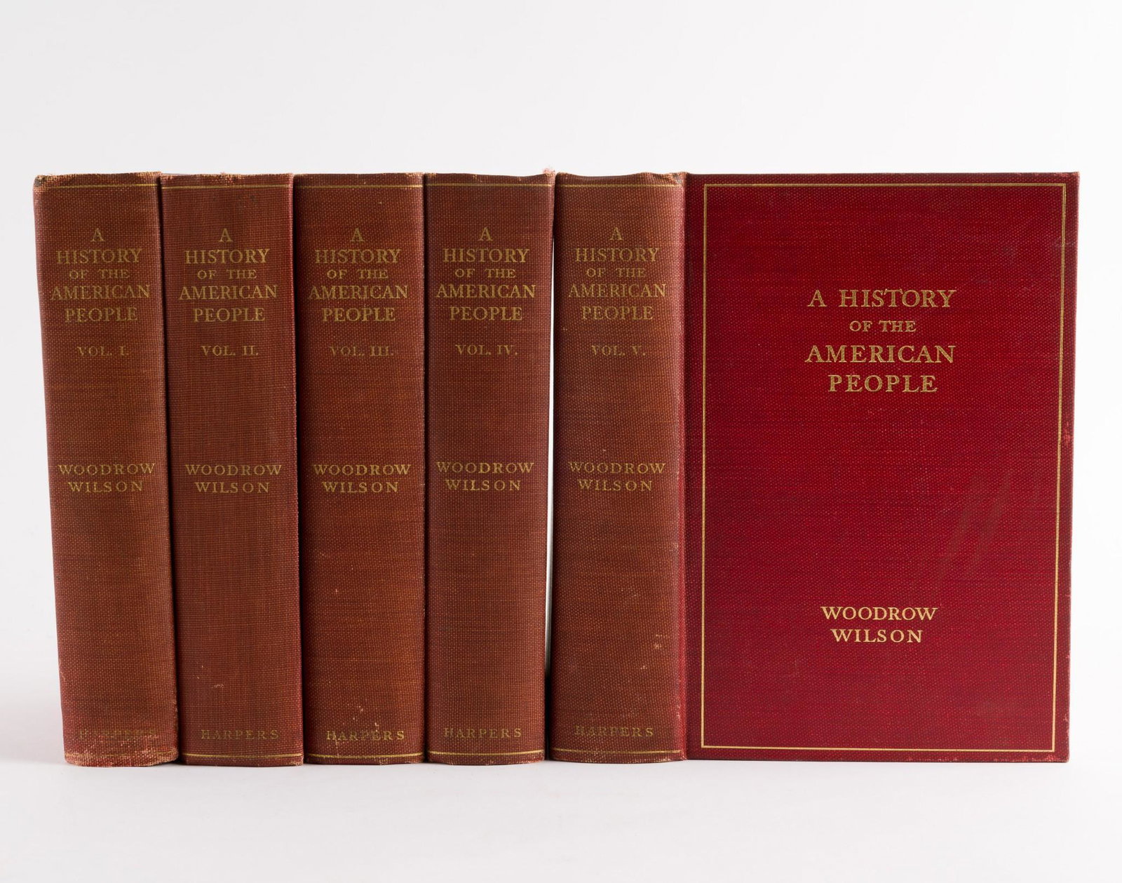 1902 A History Of The American People - Woodrow Wilson - 5 Vols. Illustrated: A History of the American People. By Woodrow Wilson, then president of Princeton University. Printed in New York by Harper & Brothers. 1902. Hardcover red cloth with gilt lettering. Published a decade