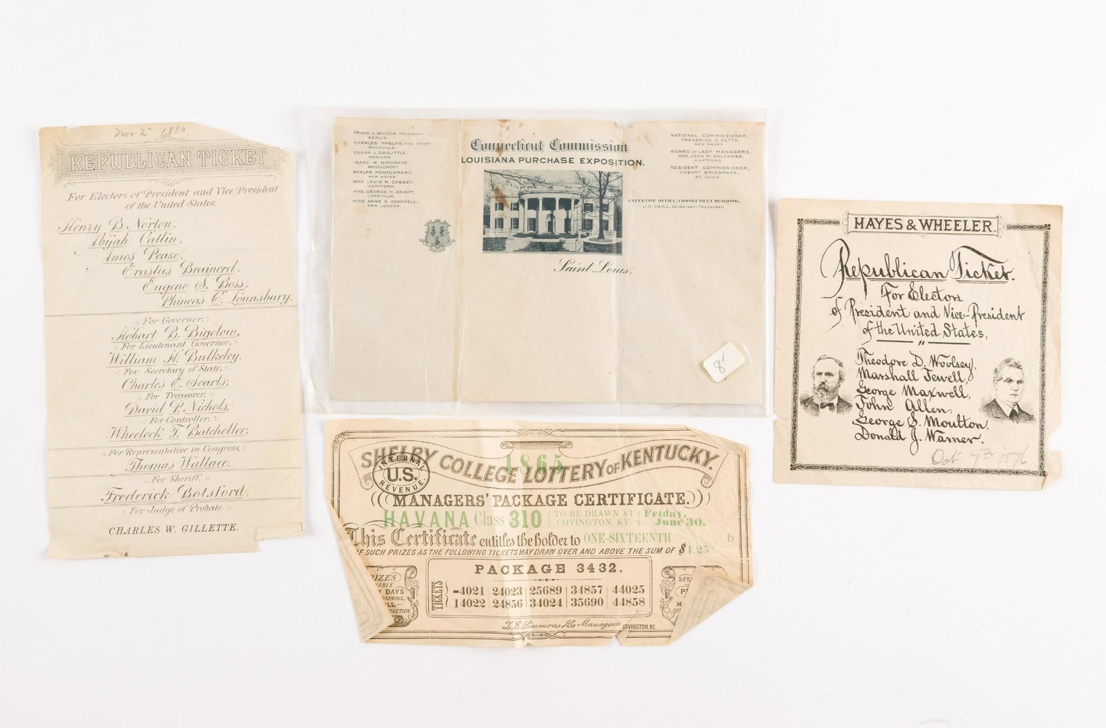 4 Pieces Incl. Connecticut 1876 Hayes & Wheeler Political Broadside & 1880 GOP Electors Ballot (1 of 5)