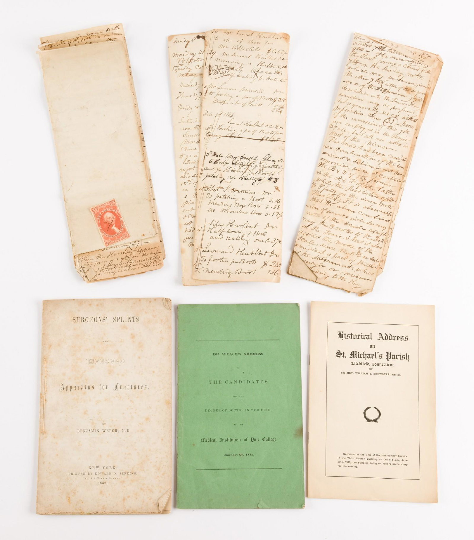 4 Pieces Of Ephemera Incl. Connecticut School Manuscript: Includes a Connecticut manuscript including shoemaker accounts, school problems, family genealogy and a diary. Together with 1852 medical pamphlet on surgeons' splints, 1853 commencement address from 
