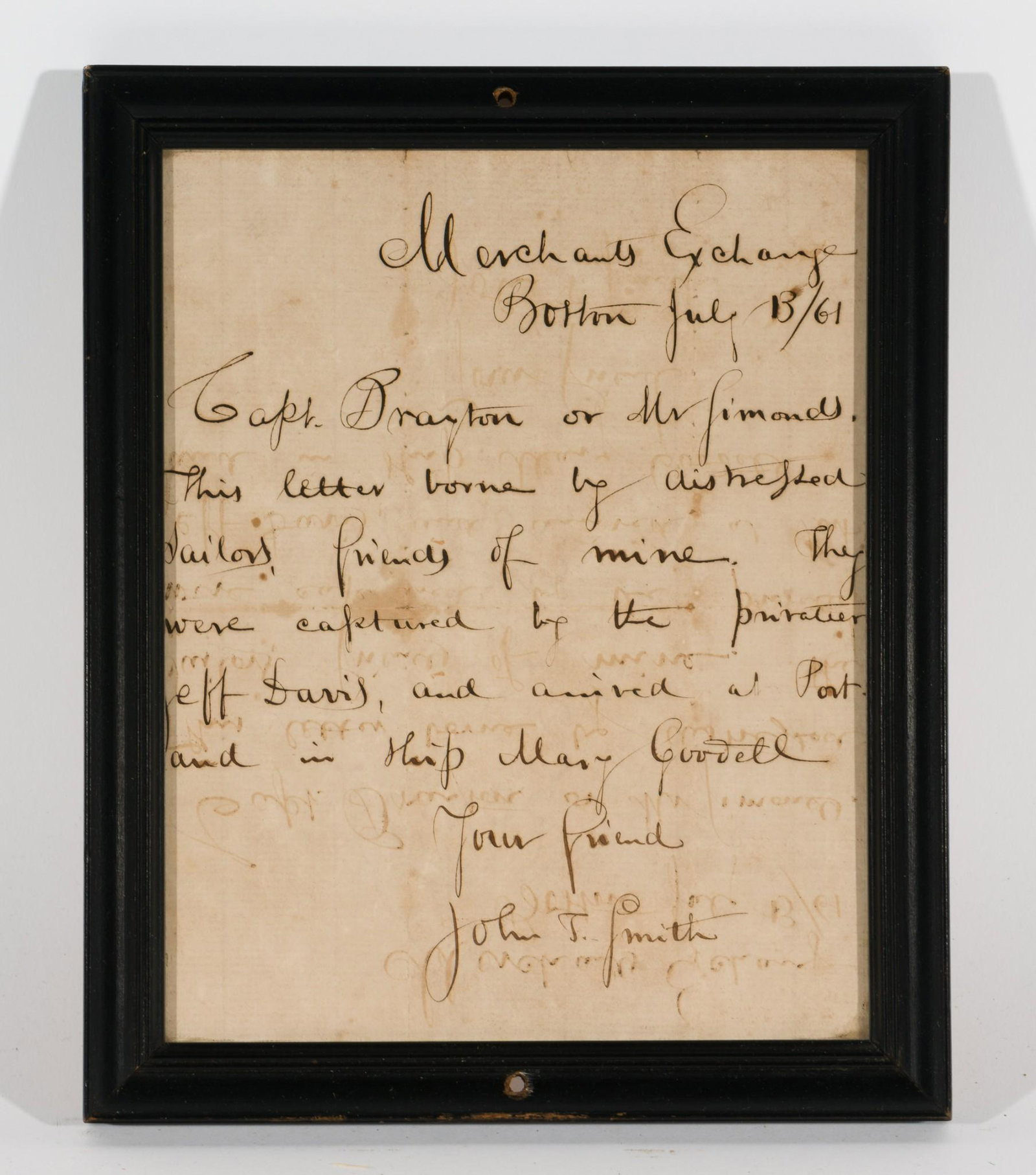 1861 Civil War Privateer Hostage Letter to Merchants Exchange (1 of 3)