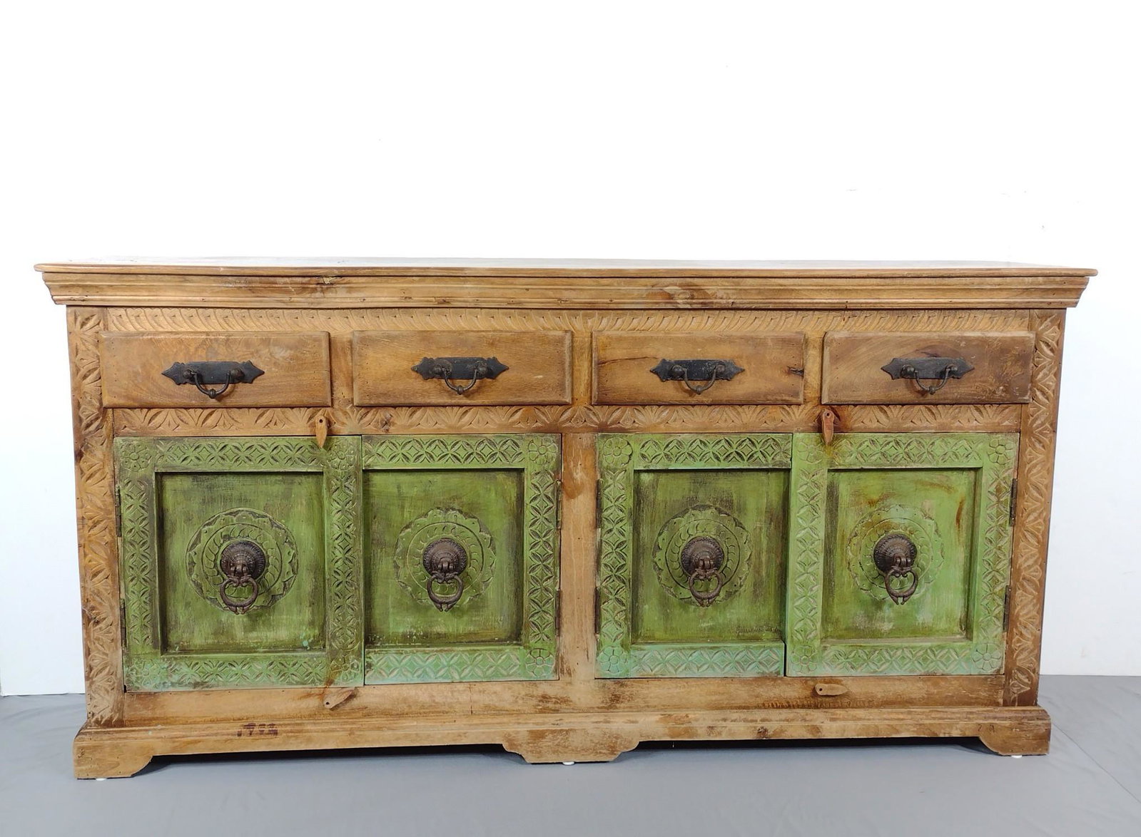 Carved Sideboard: 82" wide X 18" deep X 41-1/2" high. Has some discoloring. Back has 1" hole. MG. IMPORTANT: Before bidding, please read the terms and conditions. When you registered for the auction you agreed to these